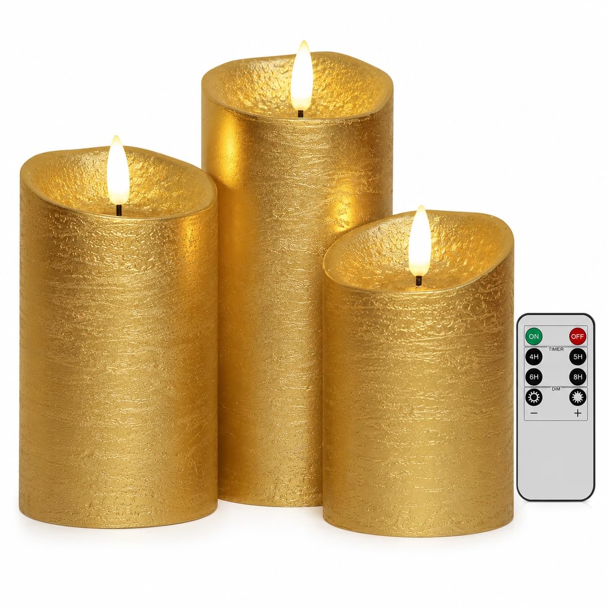 Lot de 3 bougies sans flamme vacillantes avec minuterie, bougies télécommandées, bougies LED à piles pour décoration de Noël Doré