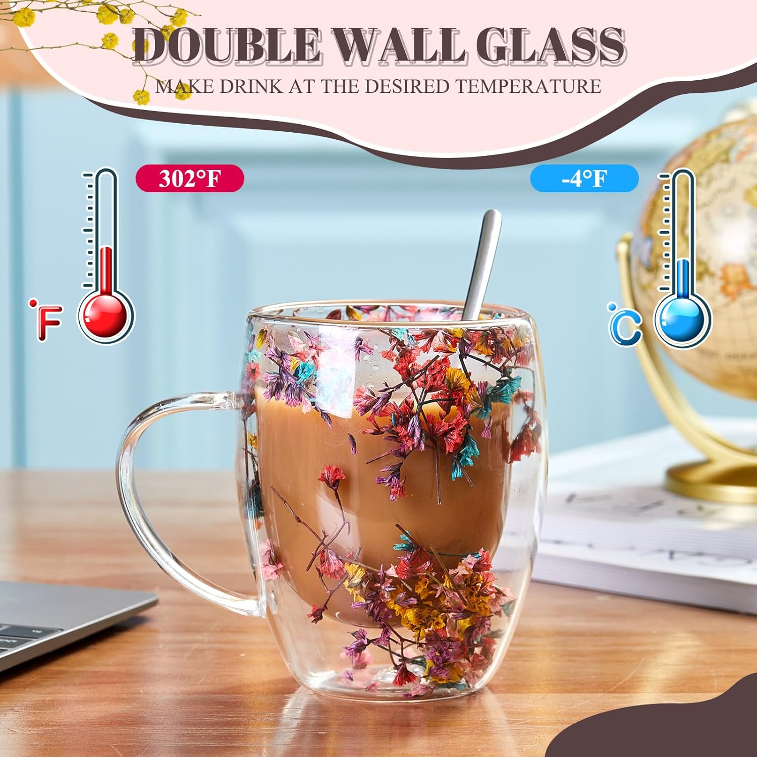 Rtteri 11.8 oz Double Wall Glass Coffee Mug with Bamboo Lid and Spoon Clear Flower Insulated Coffee Mugs with Handle Double Glass Cup Tea Cup for Cappuccino Latte Beverage - Image 3