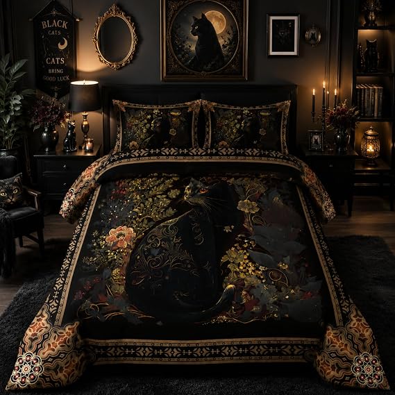 Nttopship Boho Black Cat Comforter Set Twin Size for Adults 3Pcs,Bohemian Mysterious Theme Comforter Soft Warm Comforer for All Season Room Decor with 1 Comforter and 2 Pillow Case