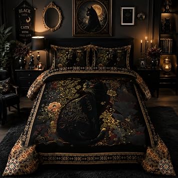 Nttopship Boho Black Cat Comforter Set Twin Size for Adults 3Pcs,Bohemian Mysterious Theme Comforter Soft Warm Comforer for All Season Room Decor with 1 Comforter and 2 Pillow Case