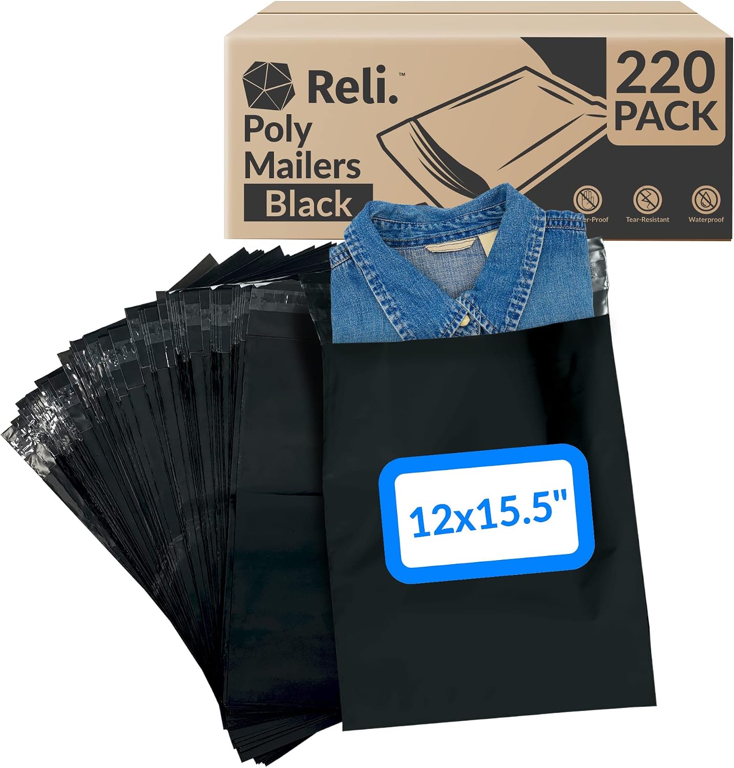 Reli. (220 Pcs) 12x15.5" Black Poly Mailers | Shipping Bags for Small Business | Black Poly Bags for Shipping, 12x15.5 Inch | Packaging for Clothing | Non-Padded Shipment Envelopes, Self Sealing