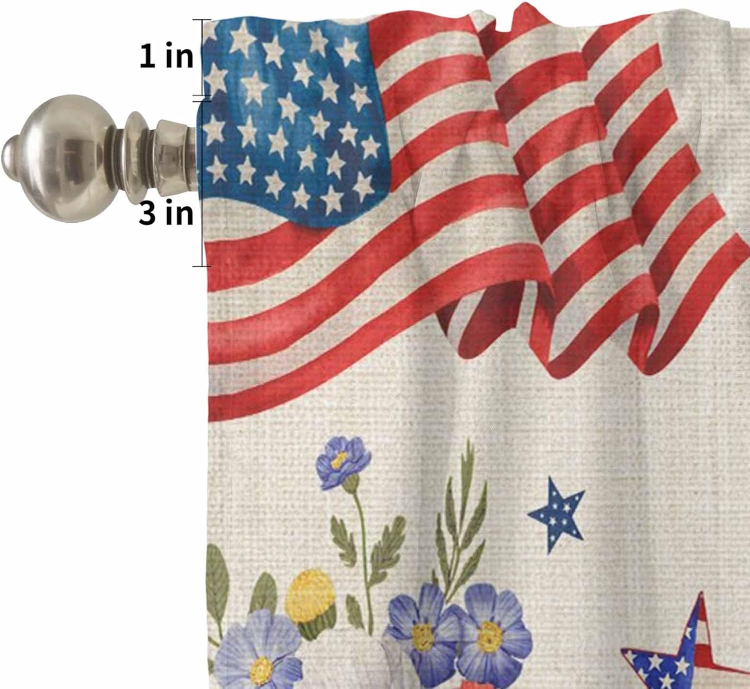 Independence Day Blue Truck 3 Piece Kitchen Curtains Tiers and Valances Set, American Flag Vintage Watercolor Poppies Rod Pocket Short Window Treatment Curtains Panel and Valance for Cafe Bathroom
