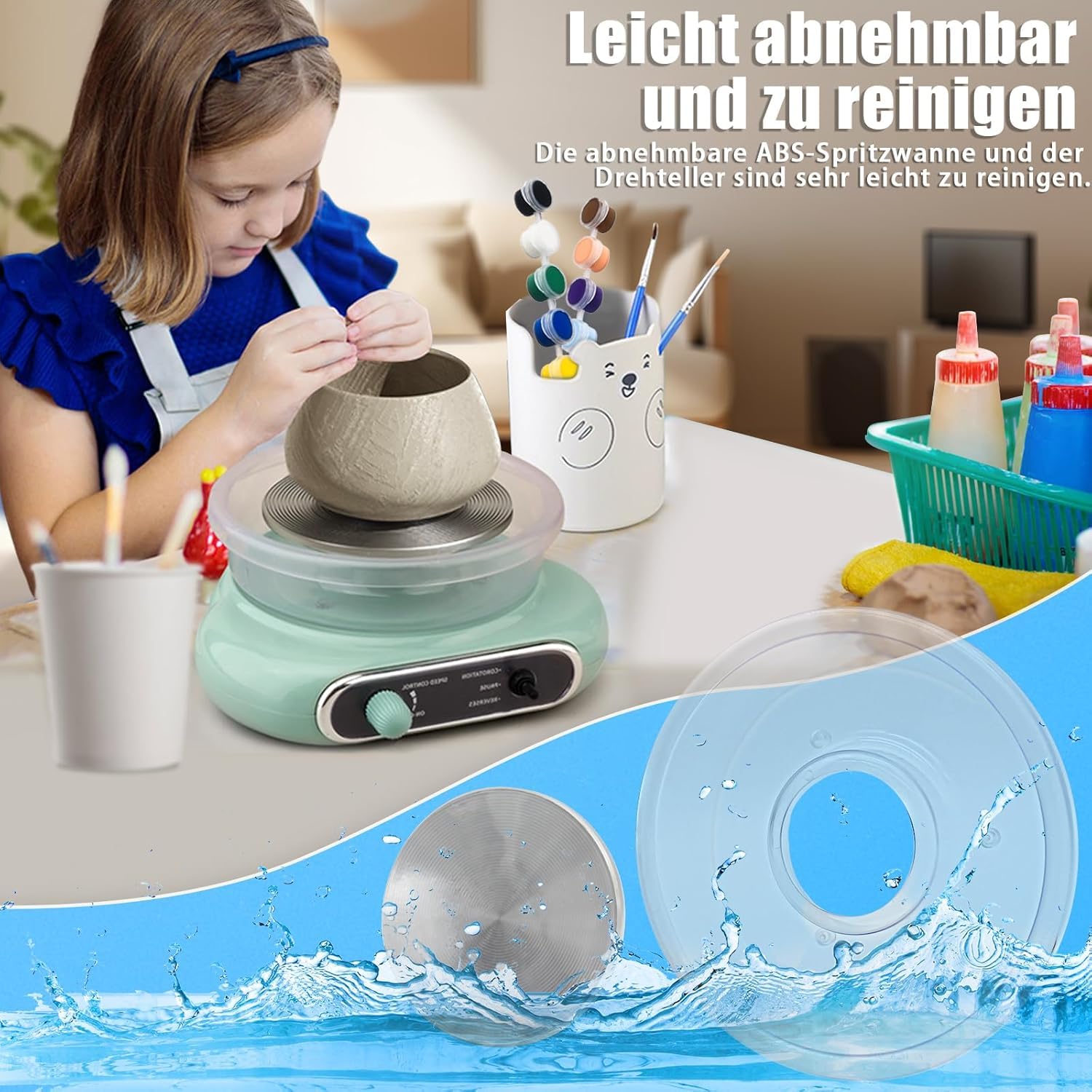 fisca Mini-Töpferscheibe, 4,7" Töpferscheibe für Kinder, Jugendliche und Erwachsene Anfänger, Plug-In-Motor, 1,32 lbs luftgetrockneter Ton, Bastelset für DIY, Keramikarbeiten und Kunstschaffen