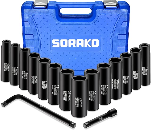 SORAKO Deep Impact Socket Set, 1/2'' 16PCS 10mm-24mm Square Drive Metric Socket Wrench Set Lomg Socket Set with Wrench L Handle, Extension Rod, Tool Kit for Home Car Repair Cool Gadgets for Men