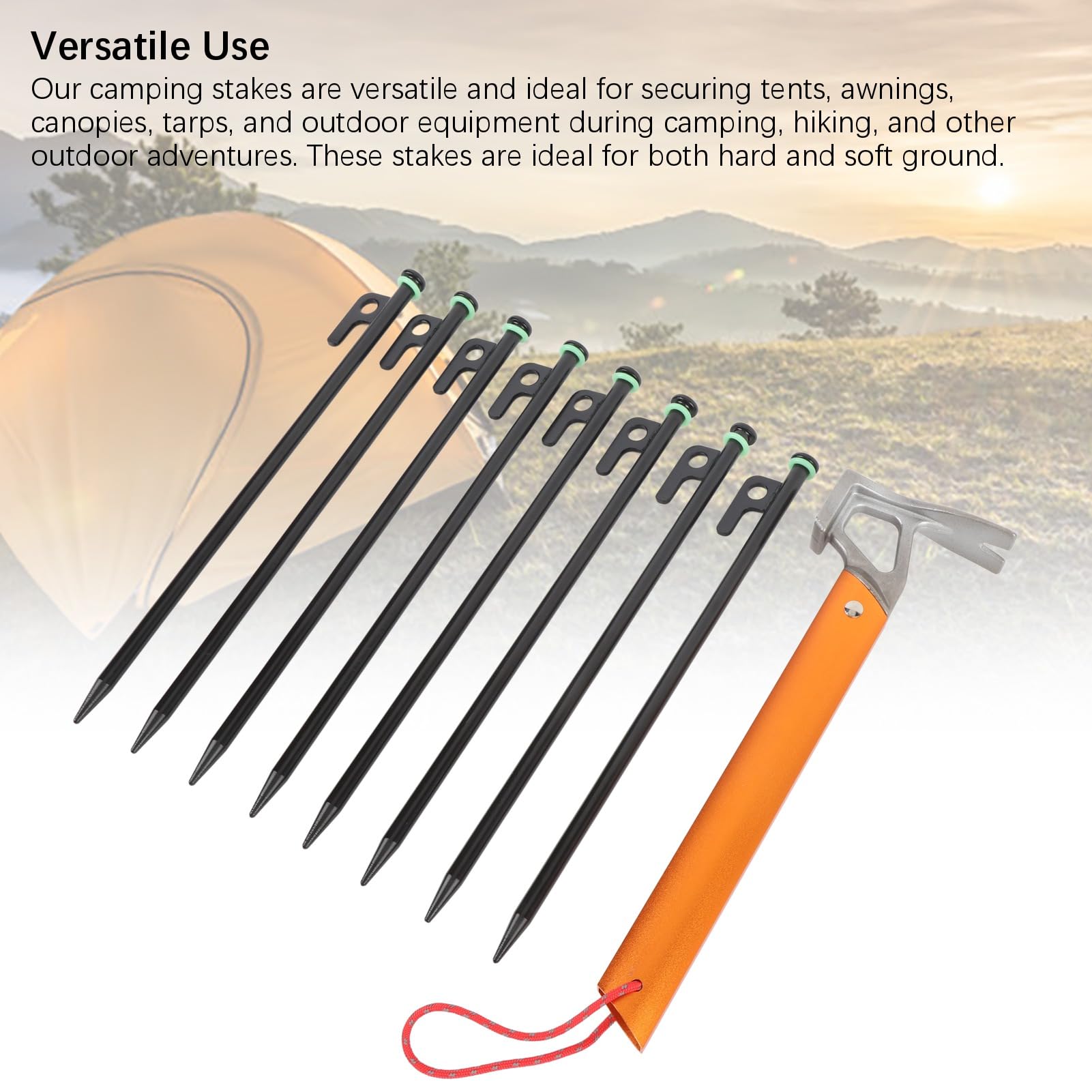 Picchetti per tenda da 30 cm, con tiranti e clip, resistenti e leggeri, con martello, per campeggio ed escursionismo, in lega di alluminio, confezione da 8 (nero e arancione)