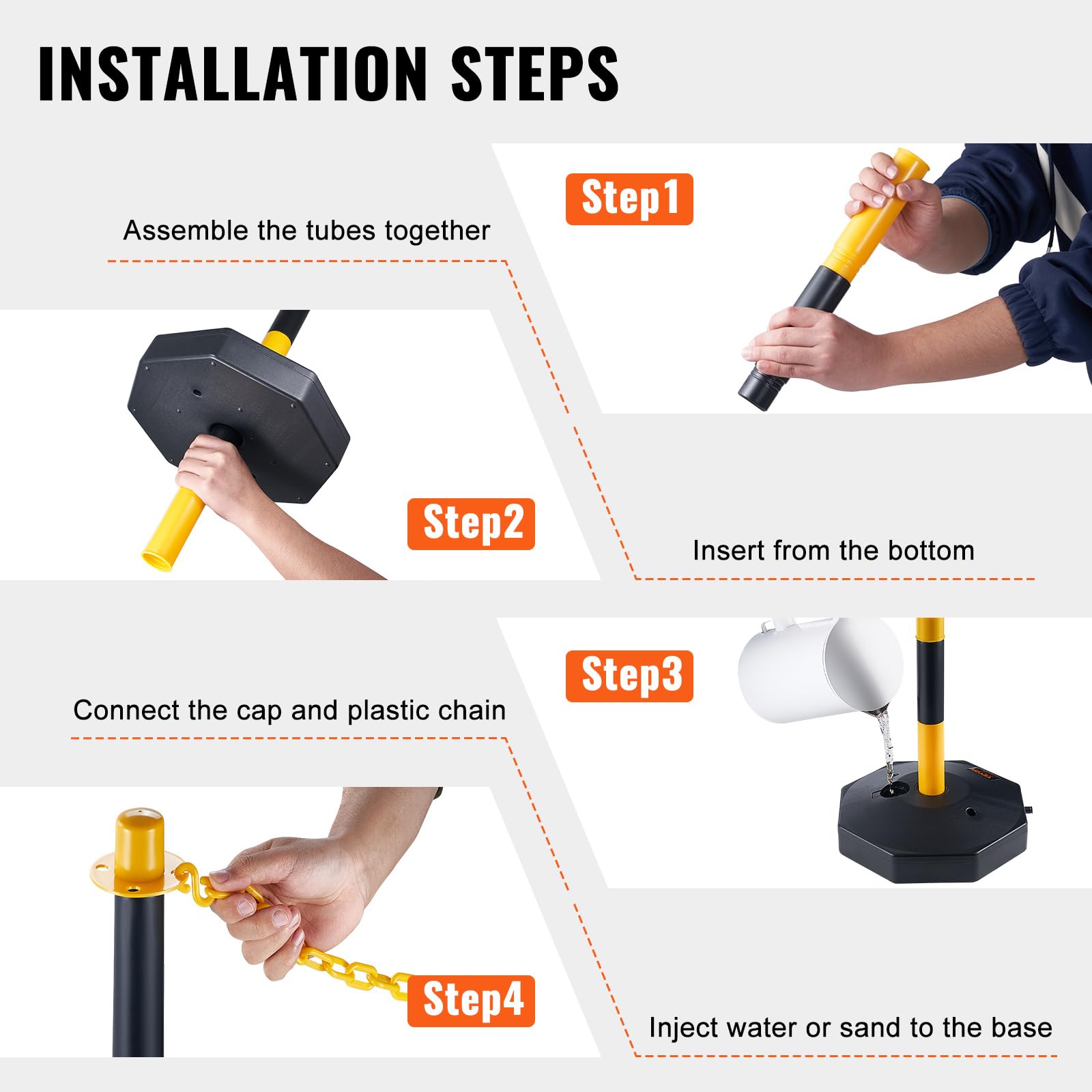 VEVOR Paletti Stradali Paletti di Segnalazione 2 Pezzi Lunghezza Catena 2,4 m, Paletti di Segnalazione per Marciapiedi, Set di Paletti Barriera Stradale Gialli Neri Base Riempibile con Acqua Sabbia