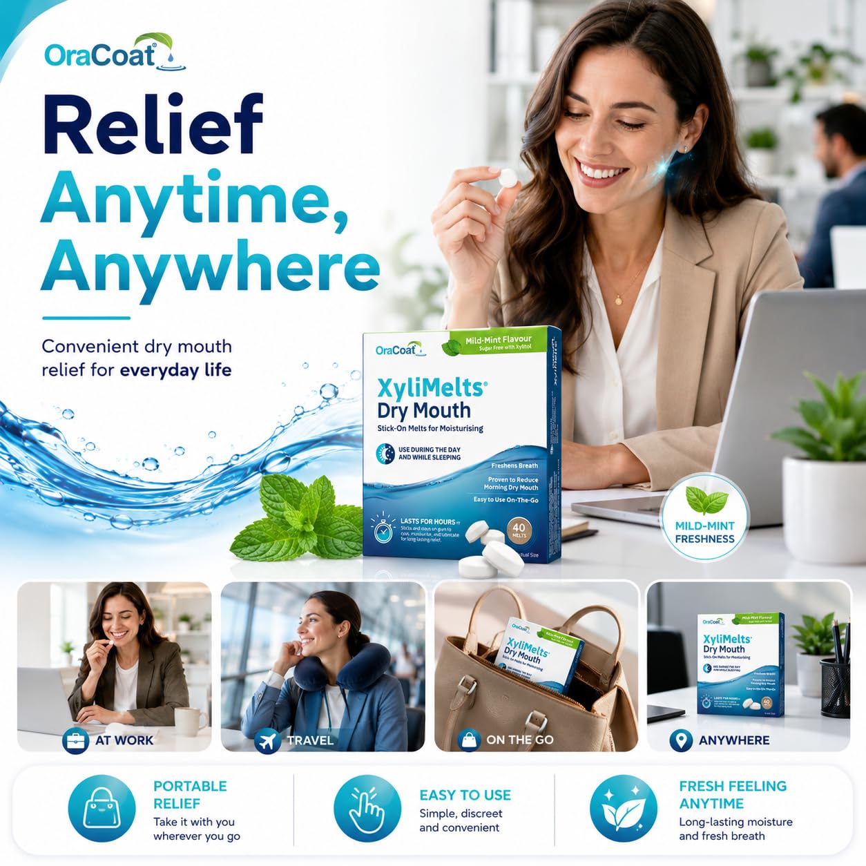 XYLIMELTS – 4 Pastilles adhérentes contre la Sécheresse Buccale et les Caries - Menthe Douce (version d'essai)