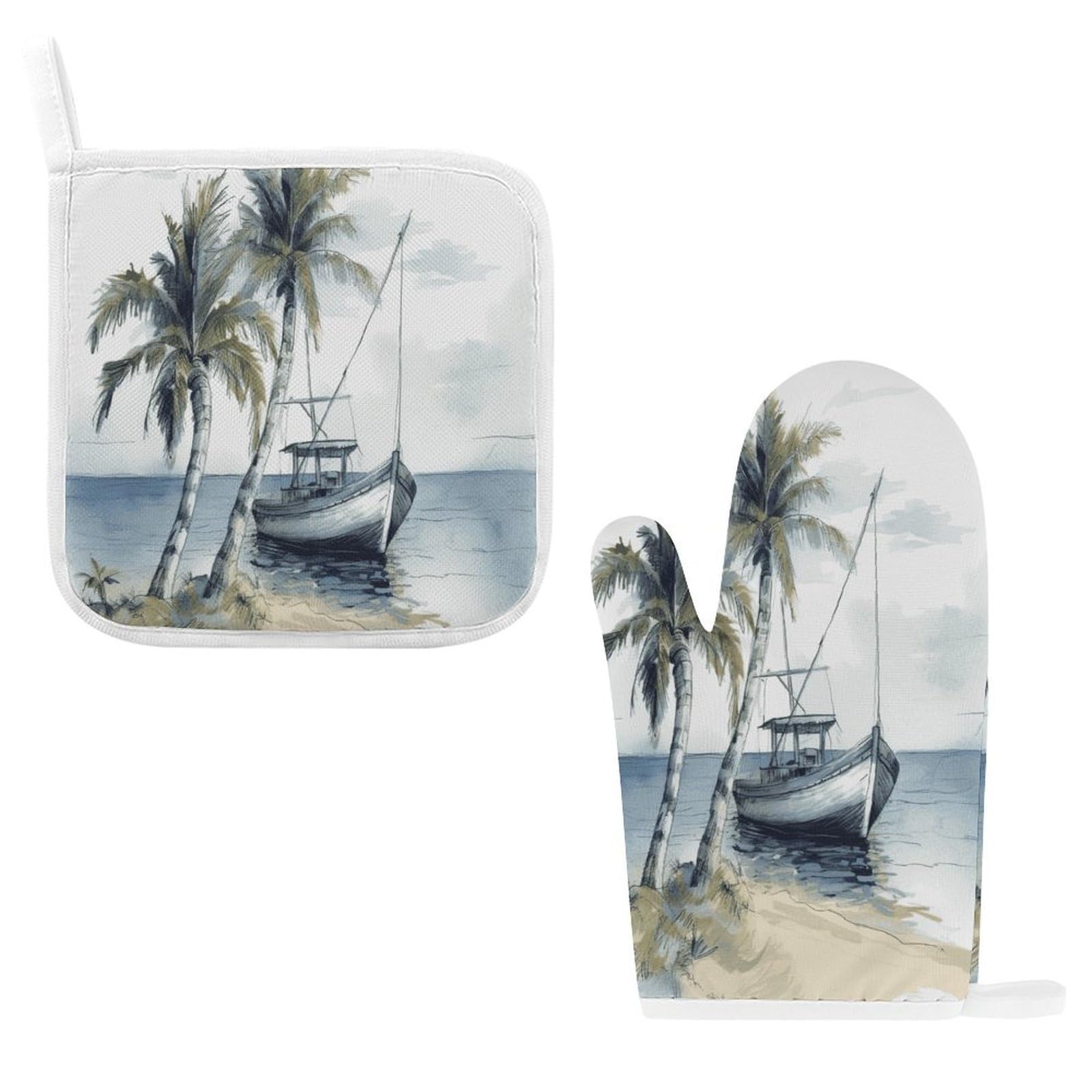 Fodpand Style Palm Trees Fishing Boat Oven Mitts And Pot Holders Sets