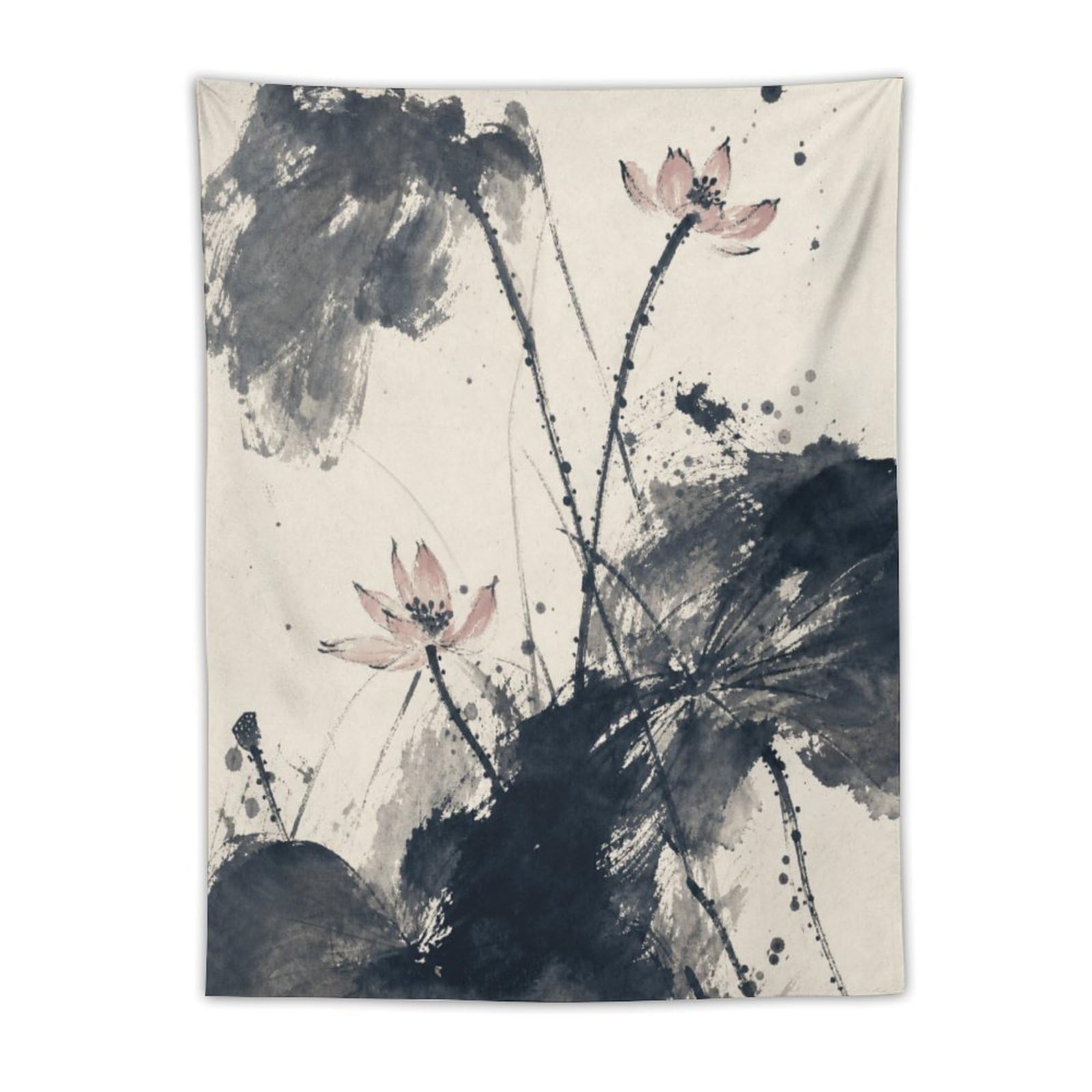 H3B8U2Y5 Ink Lotus and Mountains Wall Tapestry, Asian Ink, Asian Brush