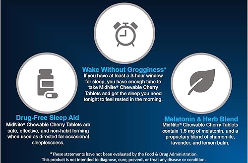 Miniatura 4 de MidNite Suplemento natural para dormir, 30 tabletas masticables con sabor a cereza, ayuda natural para dormir que no forma hábitos, suplemento de