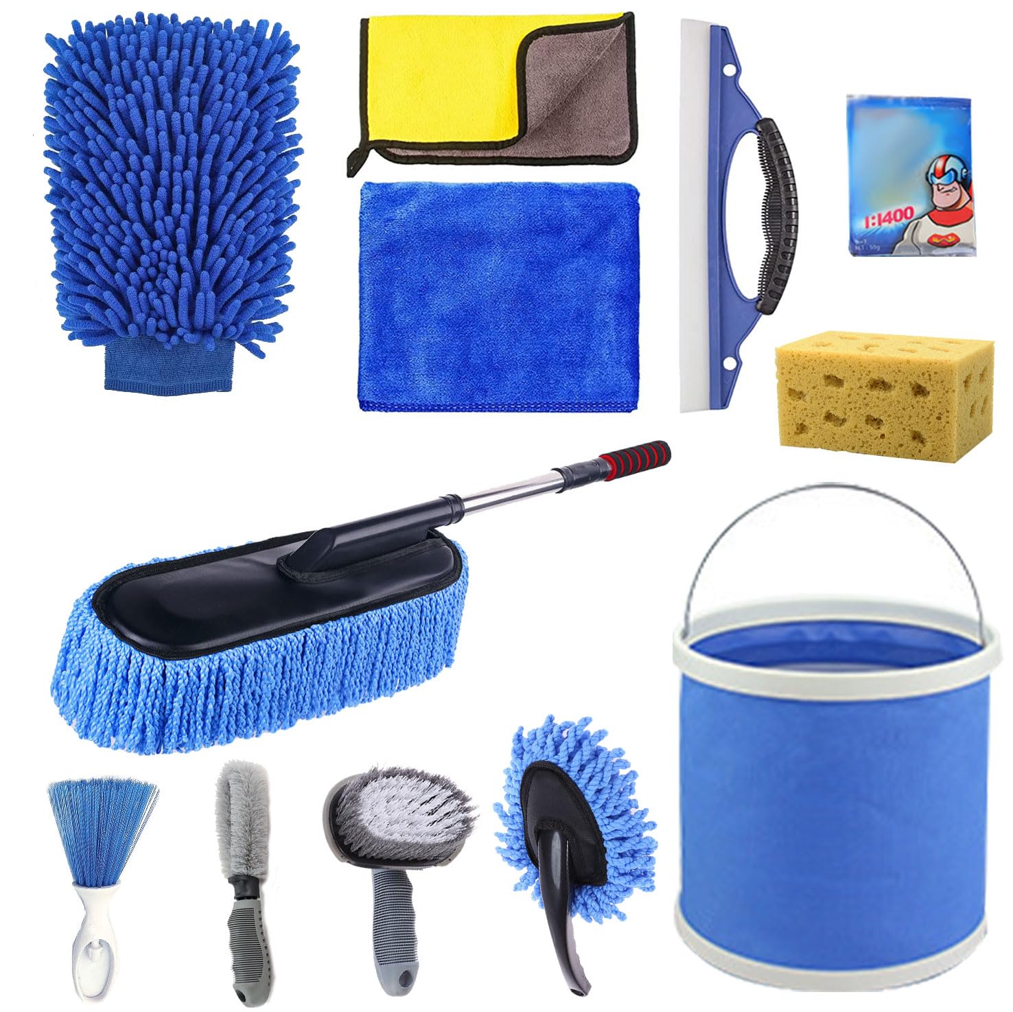 Car Wash Kit 13Pcs Auto Detailing Cleaning Set: Exterior Interior Car Care Kit with Bucket Towel Mitt Duster Window Scraper Tire Brush, Complete Car Cleaner & Wheel Cleaner Tools for Perfect Car Wash