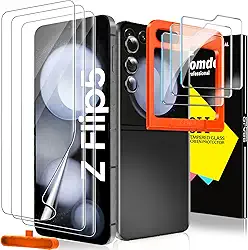 Milomdoi [9 em 1] Película protetora de tela para Samsung Galaxy Z Flip 5, pacote com 3 películas flexíveis de tela interna + 3 unidades de protetor de tela traseira de vidro temperado + 3 unidades de protetor de câmera com moldura de