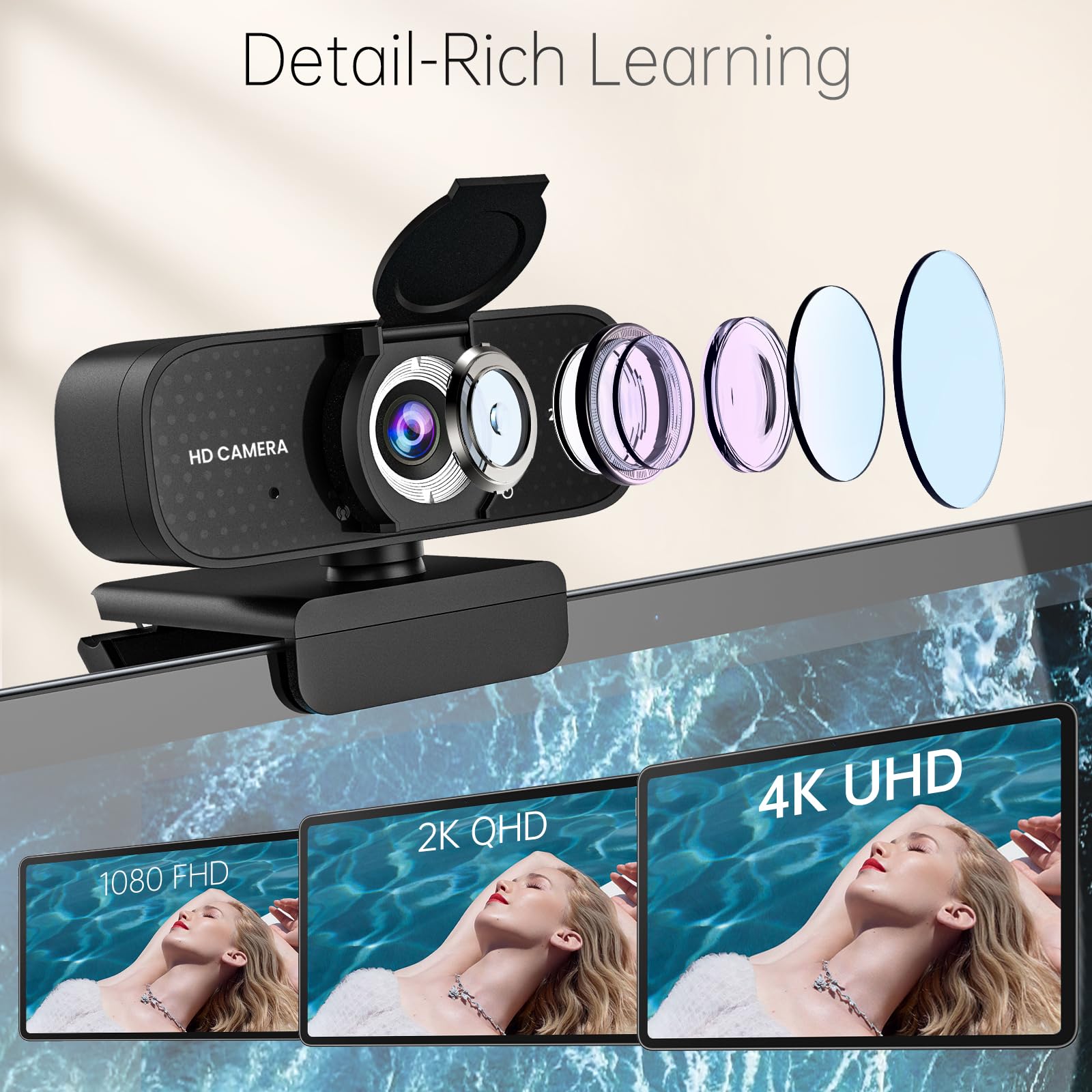 TRAUSI Cámara web HD 2K con lente gran angular, cubierta de privacidad, corrección automática de luz y micrófono con cancelación de ruido, cámara USB Plug & Play para Mac/portátil/PC, compatible con