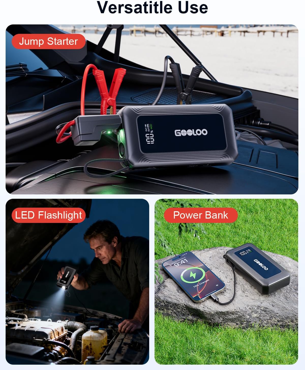 GOOLOO G7 3000A Jump Starter with Built-in Cable,Portable Power Bank for 45W Fast Charging,12V SuperSafe Lithium Jump Box, Battery Booster Pack Up to 8.5L Gas or 6.0L Diesel Engine - Image 5