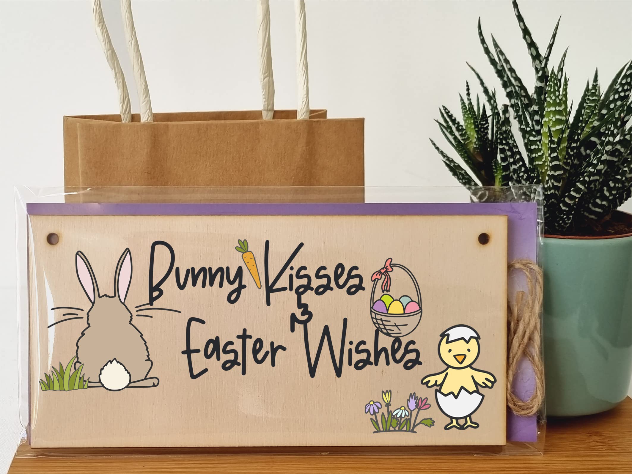 The Plum Penguin Handmade Wooden Hanging Wall Plaque Bunny Kisses Easter Wishes Cute Fun Easter Sign Garden Kitchen Decoration - Image 3