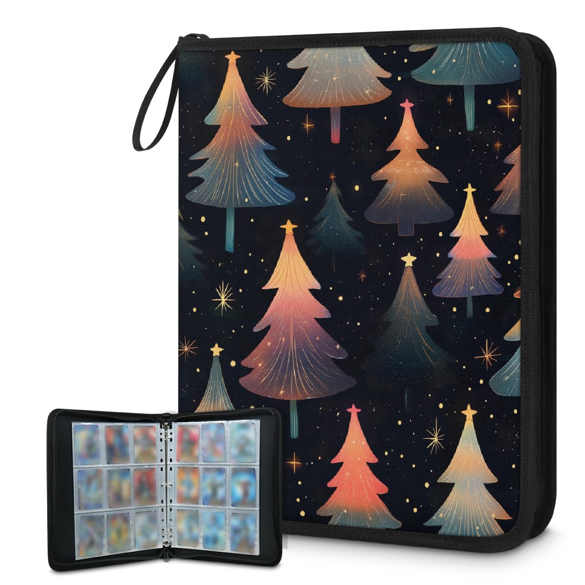 Classeur pour cartes à collectionner - 9 poches - Motif arbre de Noël magique - Classeur de cartes avec pochettes amovibles - Étanche - Avec fermeture éclair - Capacité de 50 pages - Capacité de 900