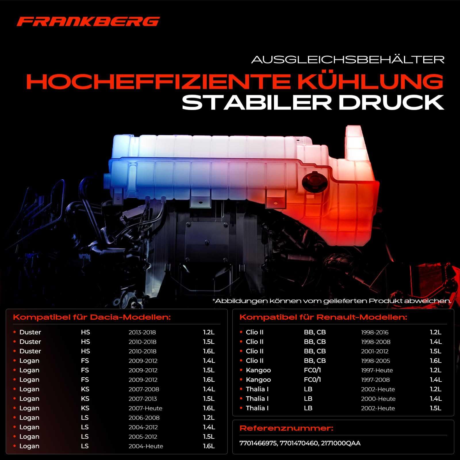 Frankberg Ausgleichsbehälter Kühlemittel Mit Deckel für Clio II Kangoo Dacia Duster Logan Thalia I 1997-2020 7701470460