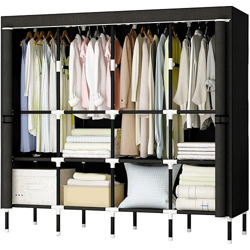 Pokfeic Portable Closet Wardrobe, 64in Wardrobe Closet for Clothes Hanging with 8 Storage Shelves & 4 Hanging Rods, 20mm Steel Non-Woven Fabric Clothes Closet, Clothes Storage Organizer (Black)