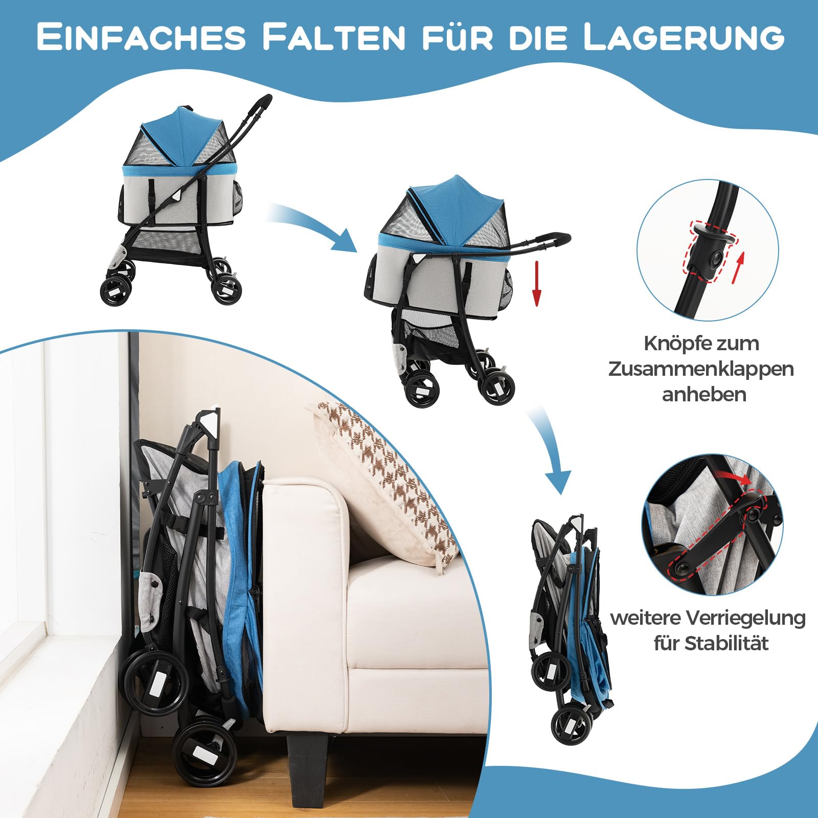 COSTWAY 3 in 1 Hundewagen, Hundebuggy klappbar, bis 15 kg, Haustierwagen mit Netzfenstern | verstellbarem Vordach | abnehmbarem Träger & Korb, Haustiere Buggy für kleine Hunde Katzen (Blau)