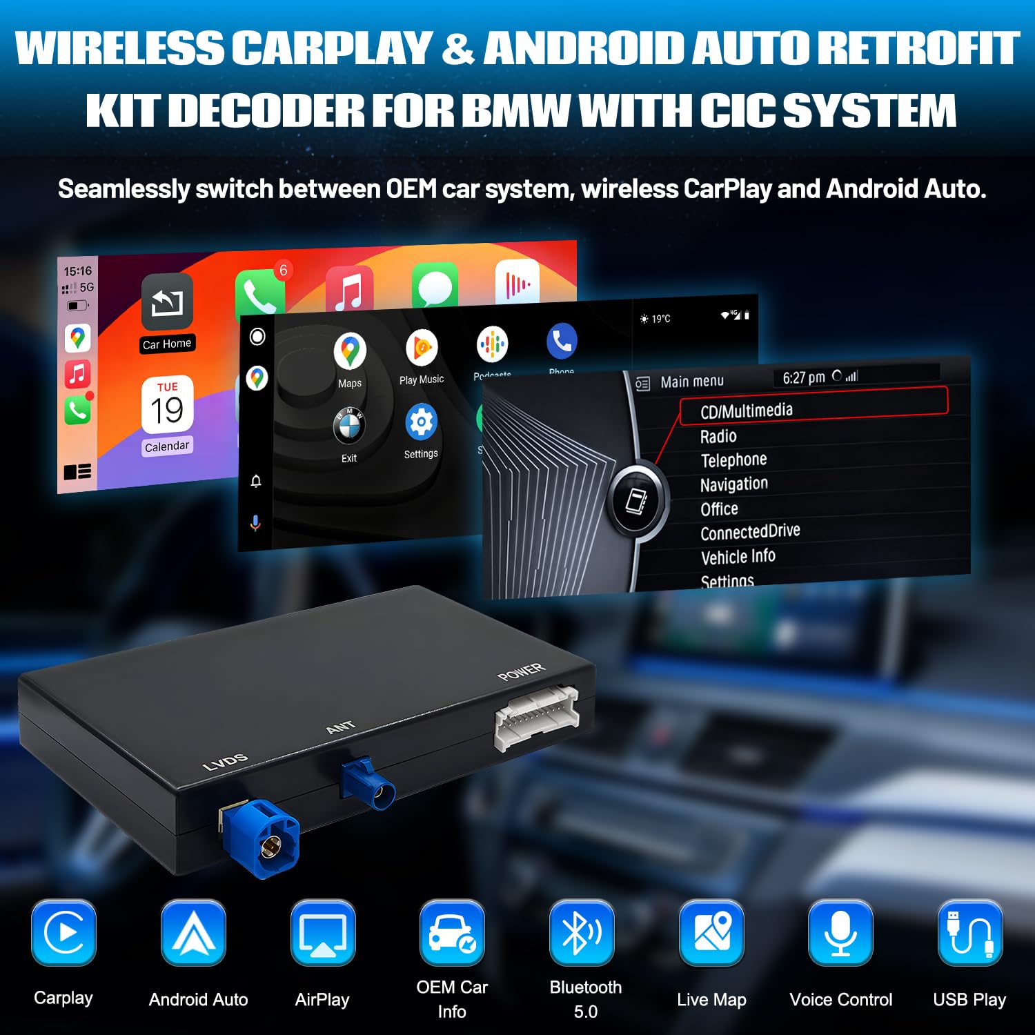 ワイヤレスCarPlay/AndroidAuto インターフェースCIC用 Amazon.com: Wireless CarPlay Android Auto Retrofit Kit for BMW CIC
