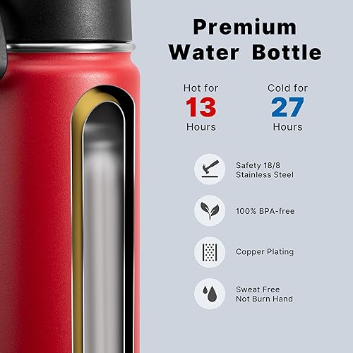 Miniatura 2 de koodee Paquete de 2 botellas de agua de 22 onzas de acero inoxidable de doble pared aislada al vacío con pajilla, reutilizable, sin BPA (rojo cañón