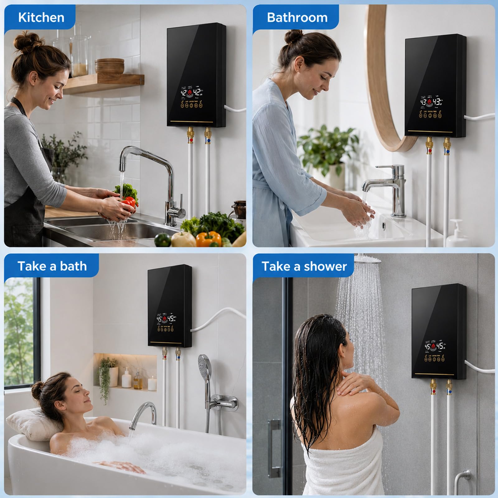 Mini Durchlauferhitzer 5500W 220V, Elektrischer Warmwasserbereiter mit LED-Display, elektronisch geregelt, Max. 55℃, Instant Elektrische Durchlauferhitzer Klein für Dusche, Bad, Küche, Garten