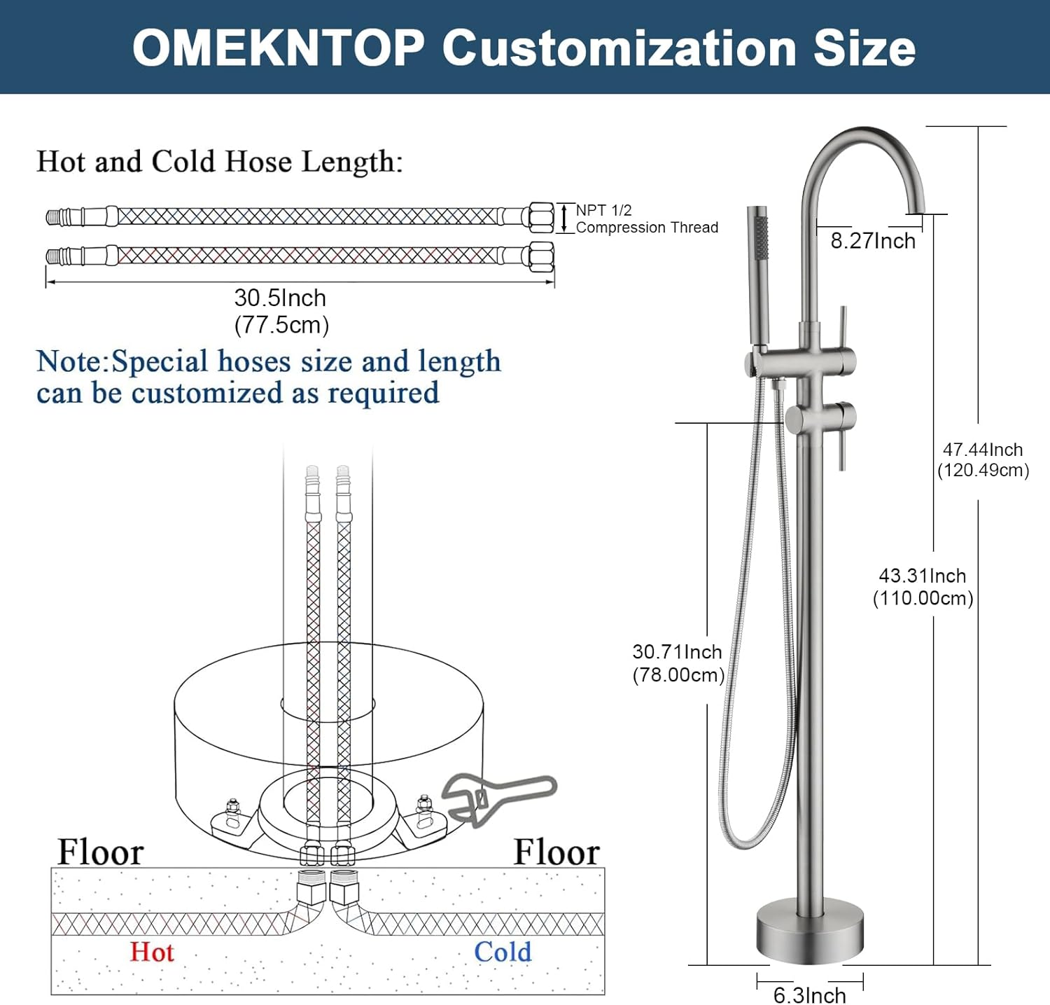 Freestanding Bathtub Faucet Floor Mount Tub Filler Brush Nickel, OMEKNTOP Modern Freestanding Tub Faucet with 360 Swivel Gooseneck Spout and Handheld Shower, Standing Tub Faucet for Bathroom
