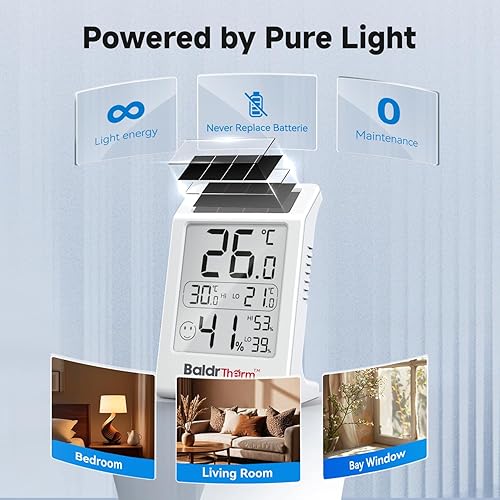 Miniatura 3 de BaldrTherm Termómetro para interiores, medidor de humedad, paquete de 2 termómetros de habitación con energía solar, sensor de temperatura digital