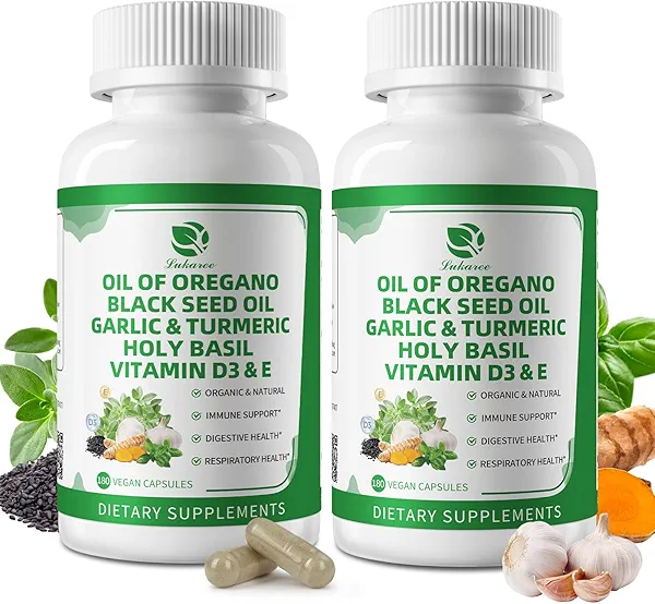 Organic Oil of Oregano Capsules with Black Seed Oil, Garlic, Turmeric, Holy Basil, Vitamin D3, E & Black Pepper for Better Absorption – Immune, Digestive & Respiratory – Vegan, Non-GMO,12 Month Supply