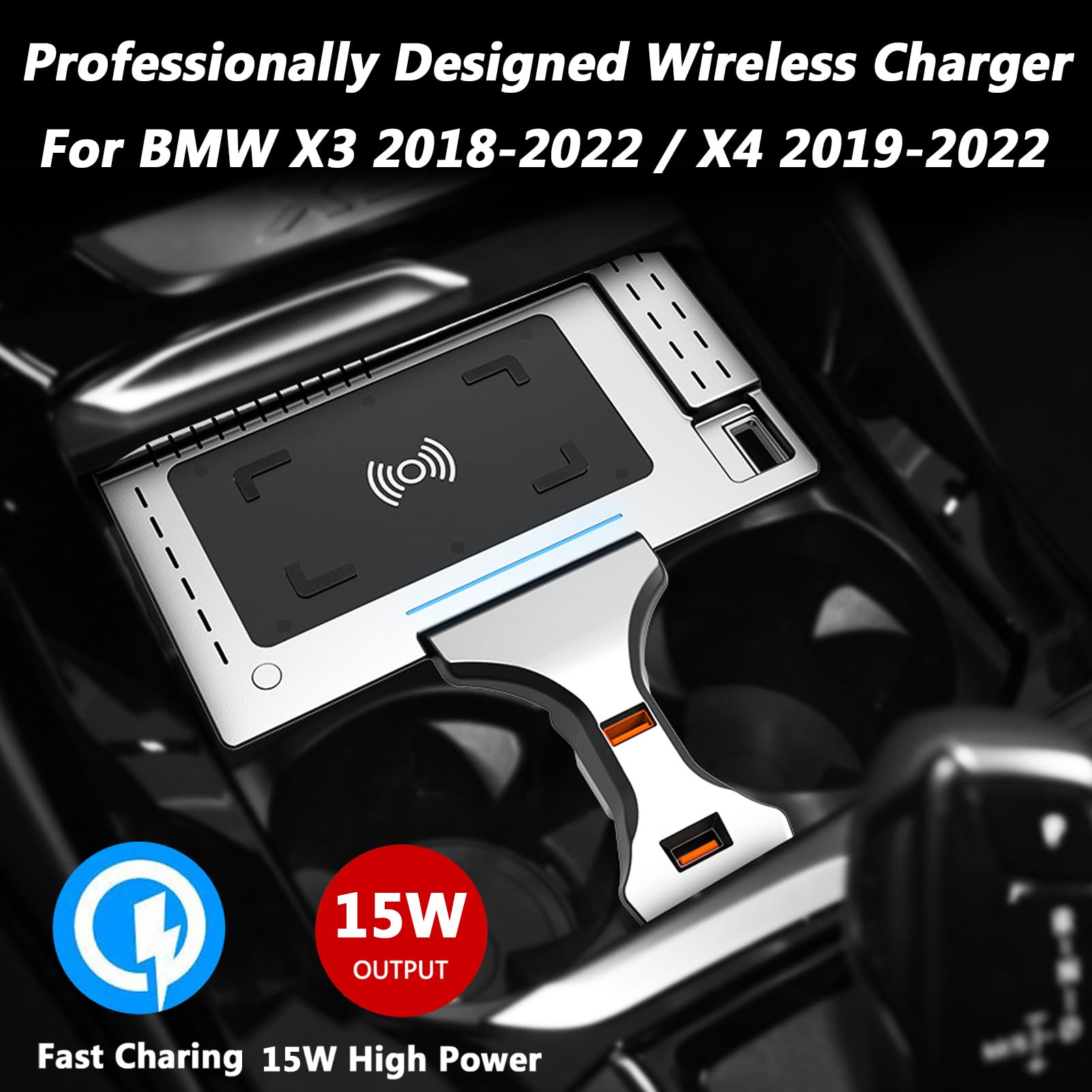 Bezprzewodowa ładowarka Samochodowa do BMW X3/X3M/X4/X4M 2019-2022,Stacja Szybkiego ładowania Telefonu O Mocy 15W Z Podwójnym Portem USB, dla Dowolne Telefony z Obsługą QI (czarny)