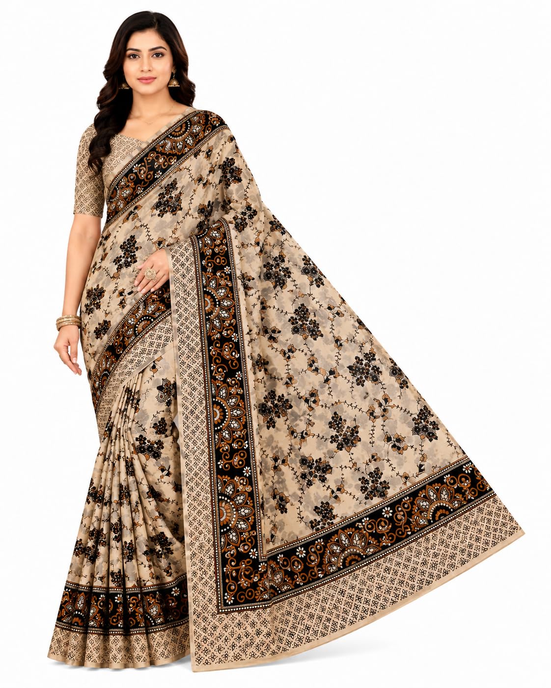 Women's Floral Print Saree with Decorative Border Design, Beige and Black, Silk Fabric-picture-55