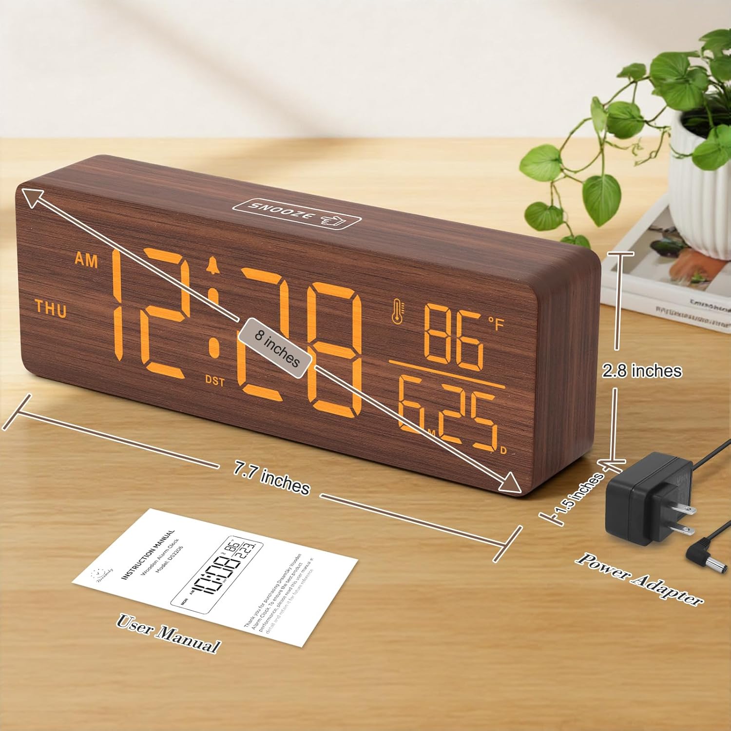 DreamSky Wooden Digital Alarm Clocks for Bedrooms – Large Display Desk Clock with Date & Day of Week for Living Room, Temperature, Dimmer, Adjustable Volume, Auto DST, Office Wood Décor (Plug-in)