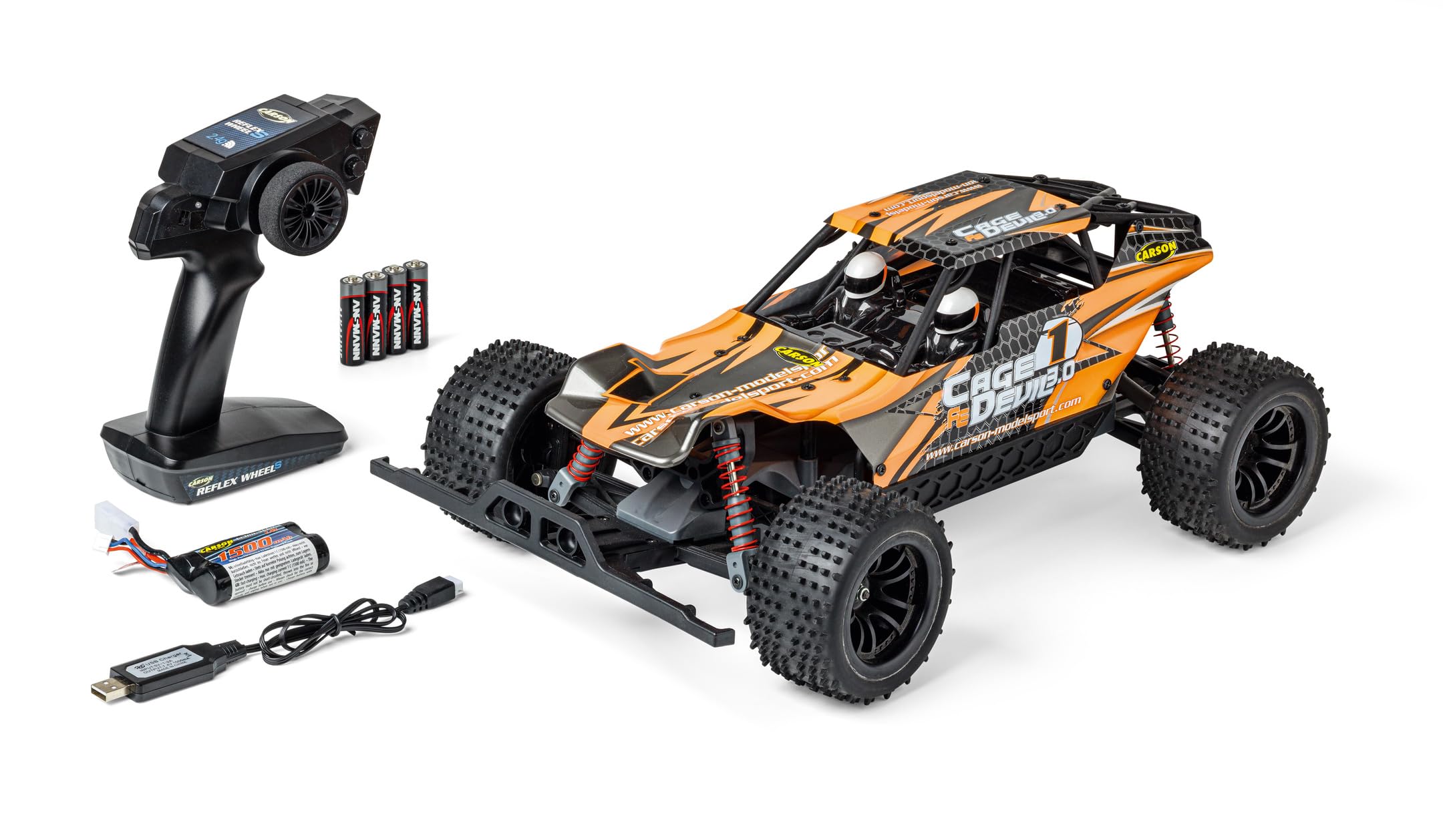Carson 500404278 1:10 FE Cage Devil 3.0 2.4G 100% RTR - Samochód zdalnie sterowany, terenowy truggy, z bateriami i pilotem, Truggy, Pomarańczowy
