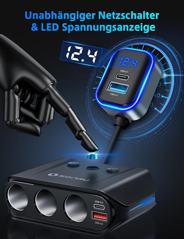 Împărțitor brichetă auto SONRU 7 în 1, încărcător auto 12V 24V, 3 prize, 4 porturi USB cu încărcare rapidă, voltmetru LED, întrerupătoare individuale