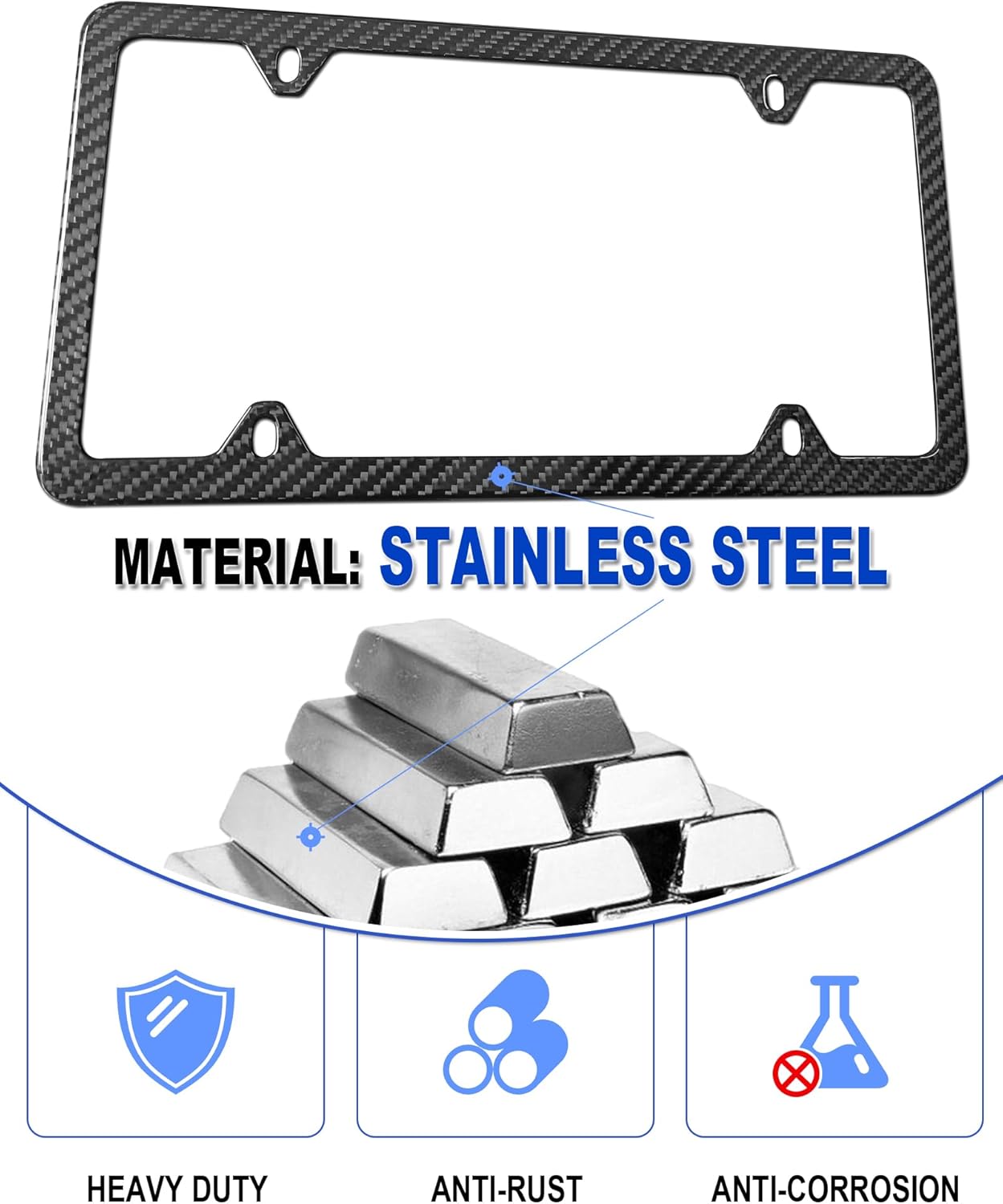 Carbon Fiber License Plate Frame- Stainless Steel Car Tag Holder Wrapped with Real Carbon Fiber, 4 Hole Slim Design, Anti-Theft Screws Caps, Rattle-Proof Pad, 1 Pack for Front or Rear