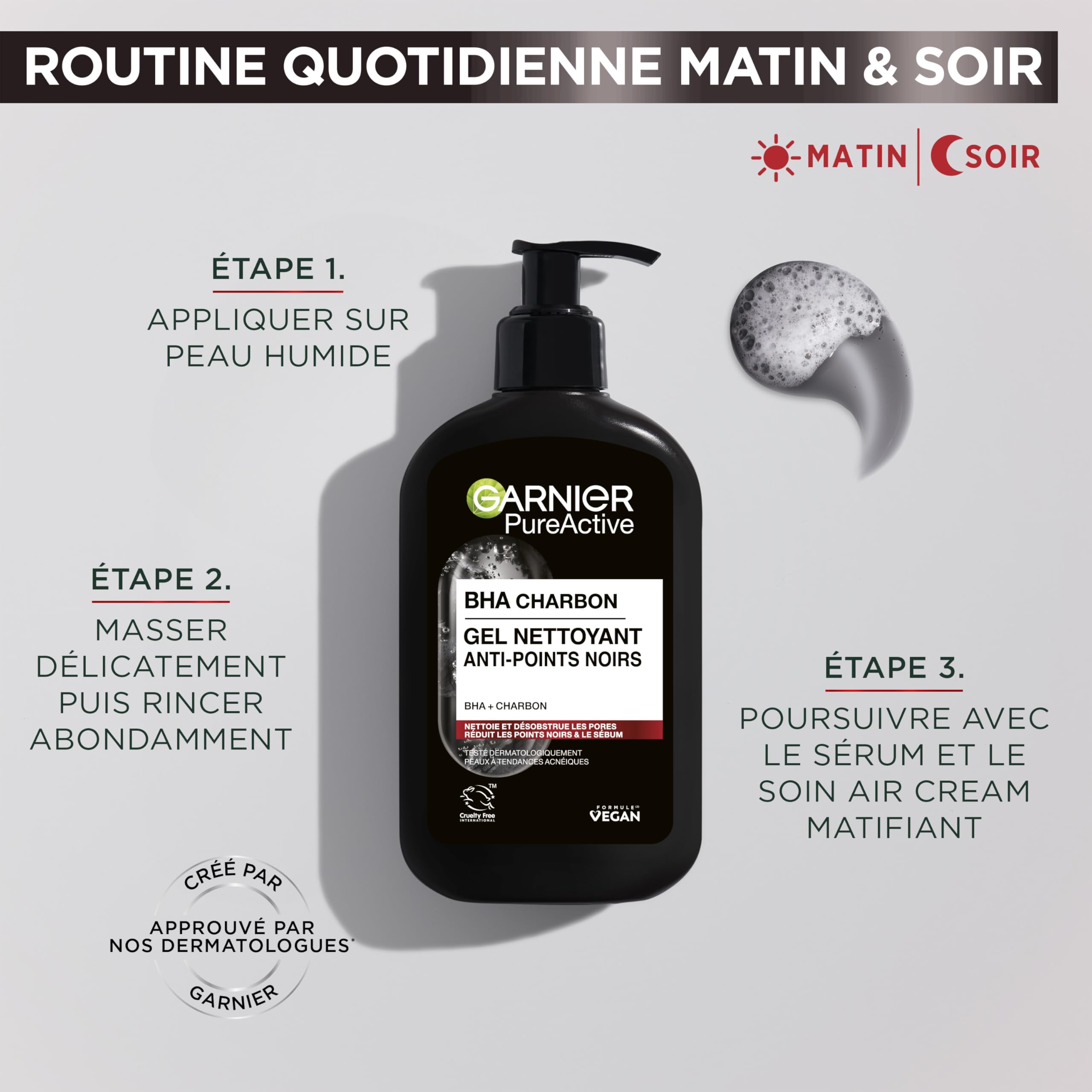 Garnier Pure Active - Gel Nettoyant Charbon - Réduit Points Noirs & Boutons - Nettoie & Désincruste les Pores - BHA & Charbon - Vegan & Cruelty Free - Peaux à Tendance Acnéiques - 250 ml
