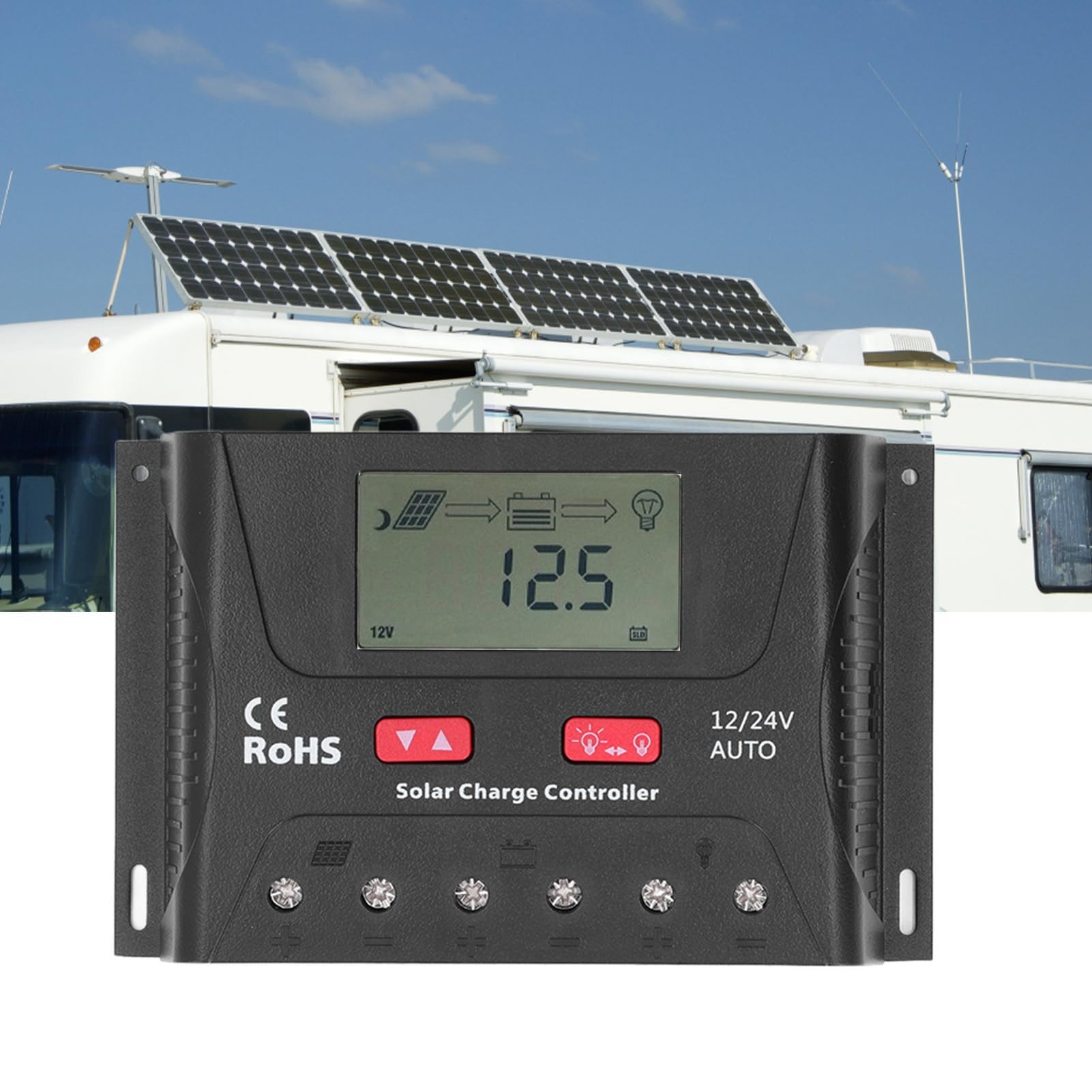 Kontroler słoneczny PWM 30A |Wyświetlacz LCD z automatycznym rozpoznawaniem 12 V / 24 V |Regulowany dla RV / jachtu / domowego układu słonecznego |Zabezpieczenie przed