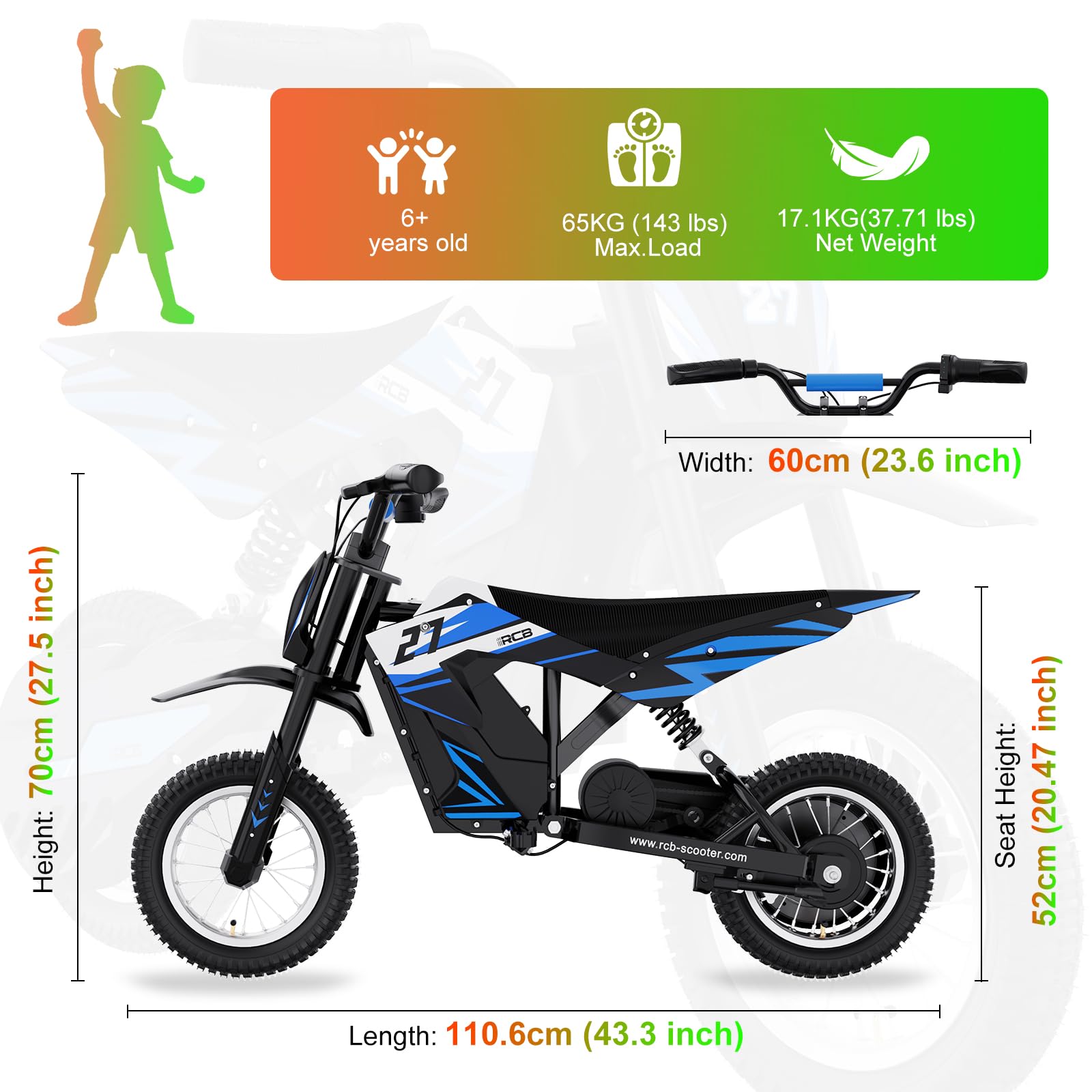RCB TECH R9X Elektro Motorrad Kinder, Elektromotorrad mit 3 Geschwindigkeitsmodus, Max 25km/h, 36V/5,2Ah Akku, Reichweite 17KM, 12 Zoll Luftreifen, Moto Crossbike für Kinder （blau）