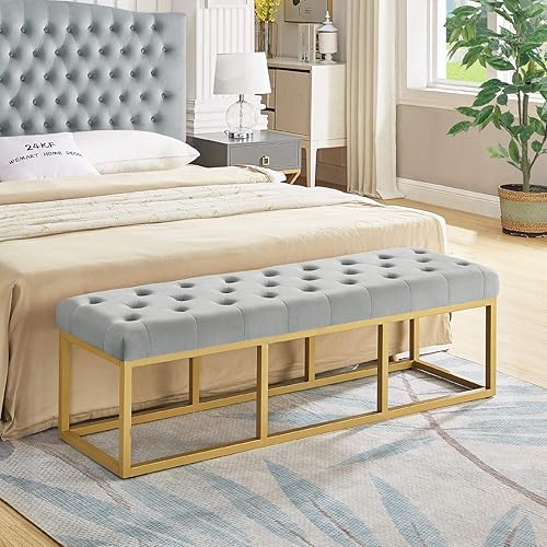 Miniatura 22 de 24 KF – Cabecero tapizado, copetudo, con relleno y botones y banco largo acolchado Marfil/Negro-48 Pulgadas,Negro/Dorado - 48