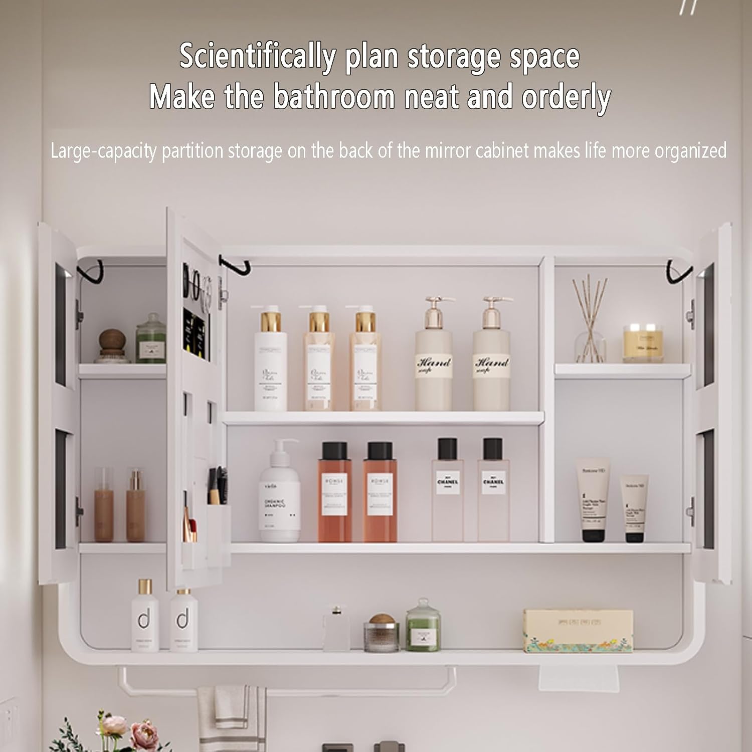 Storage Cabinet Vanity Mirror Cabinet with Lights, Wall Mounted Bathroom with Mirror, LED Anti-Fog Bathroom Mirror Cabinet with Towels Bar, Paper Hole, Open Storage Rack