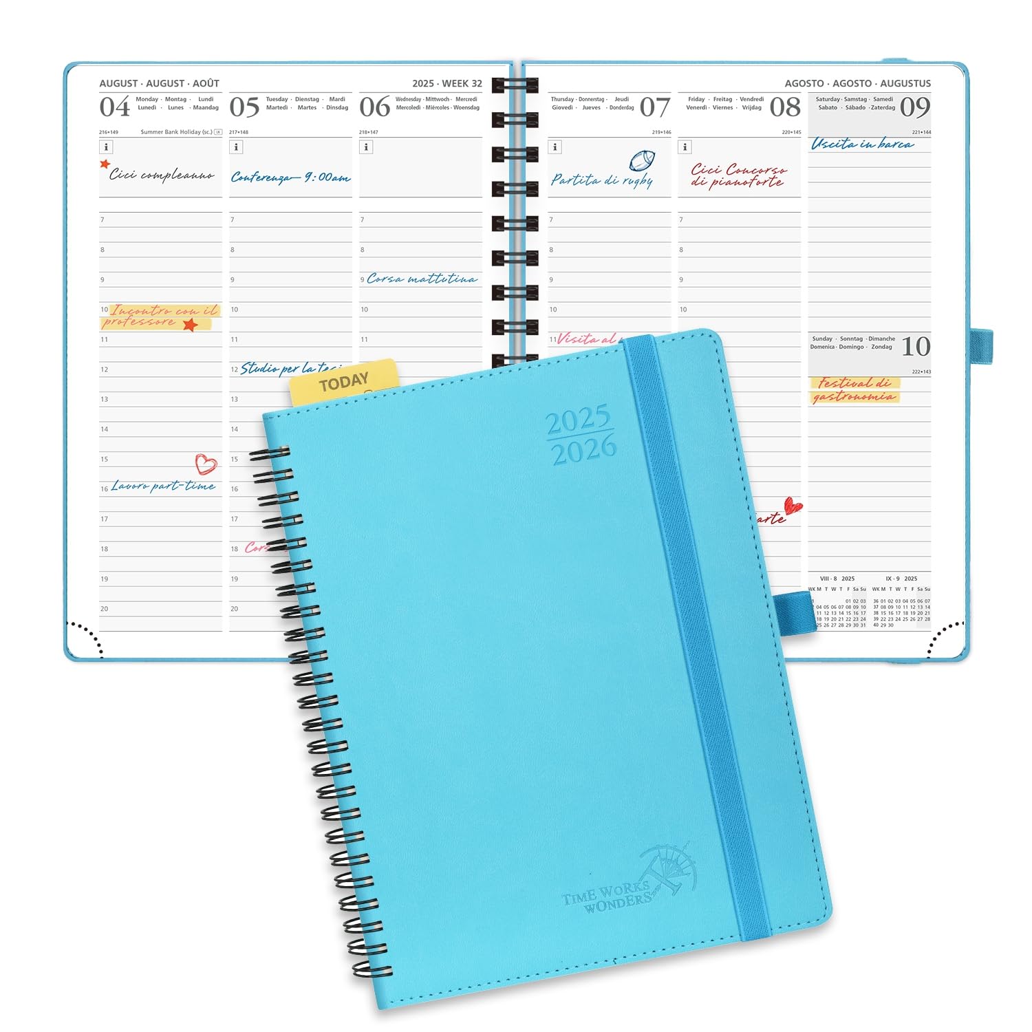 POPRUN Agenda Settimanale 2025 2026 Spirale 22 x 16,5 cm, Weekly Planner 17 Mesi da Ago.2025 a Dic.2026, Righello in Plastica, Copertina Morbida in Pelle Vegana e Carta Spessa da 80 GSM, Blu Verde