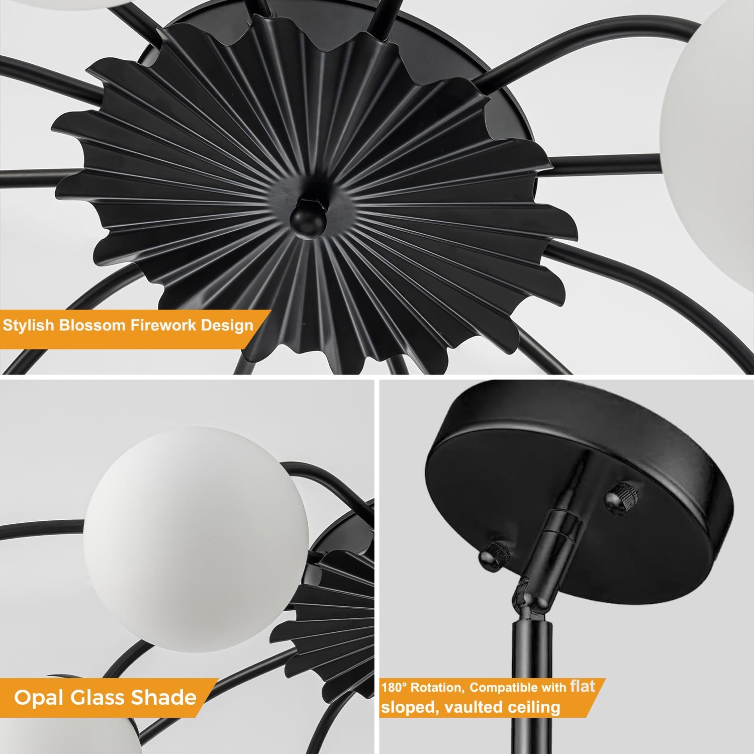 12-Light Sputnik Milk Glass Bubble Chandelier Black with Blossom Accent, Mid Century Modern White Glass Globe Bubble Pendant Light Fixture for Dining Bedroom Living Entry