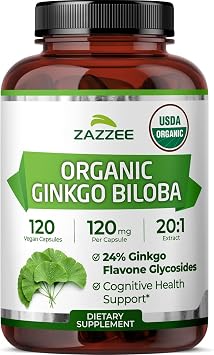Zazzee USDA Organic Ginkgo Biloba 201 Extract, 120 Vegan Capsules | 24% Ginkgo Flavone Glycosides, 4 Month Supply, Memory, Cognitive & Brain Health Support, All-Natural, Non-GMO, Made in USA