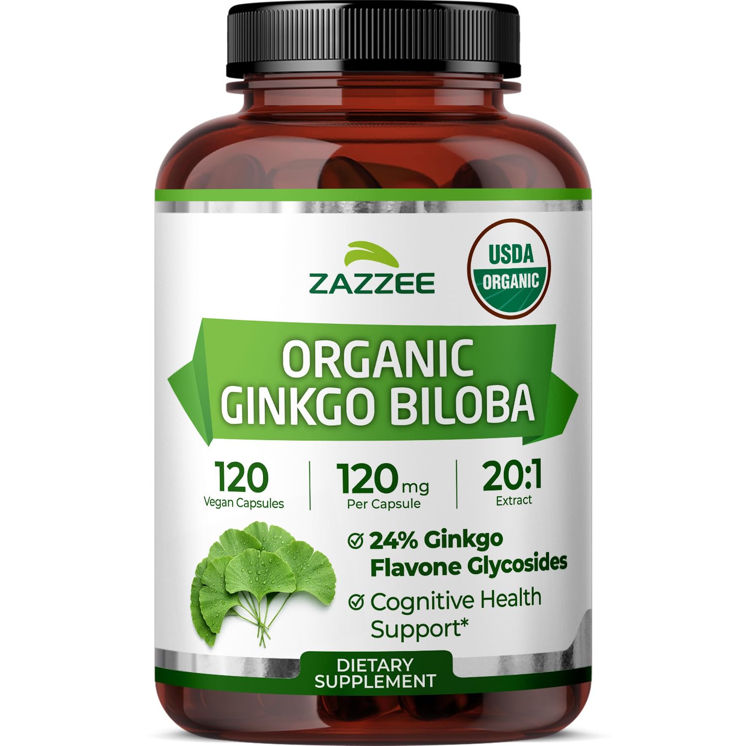 Zazzee USDA Organic Ginkgo Biloba 20:1 Extract, 24% Ginkgo Flavone Glycosides, 120 Vegan Capsules, 4 Month Supply, Memory, Cognitive & Brain Health Support, All-Natural, Non-GMO, Made in the USA