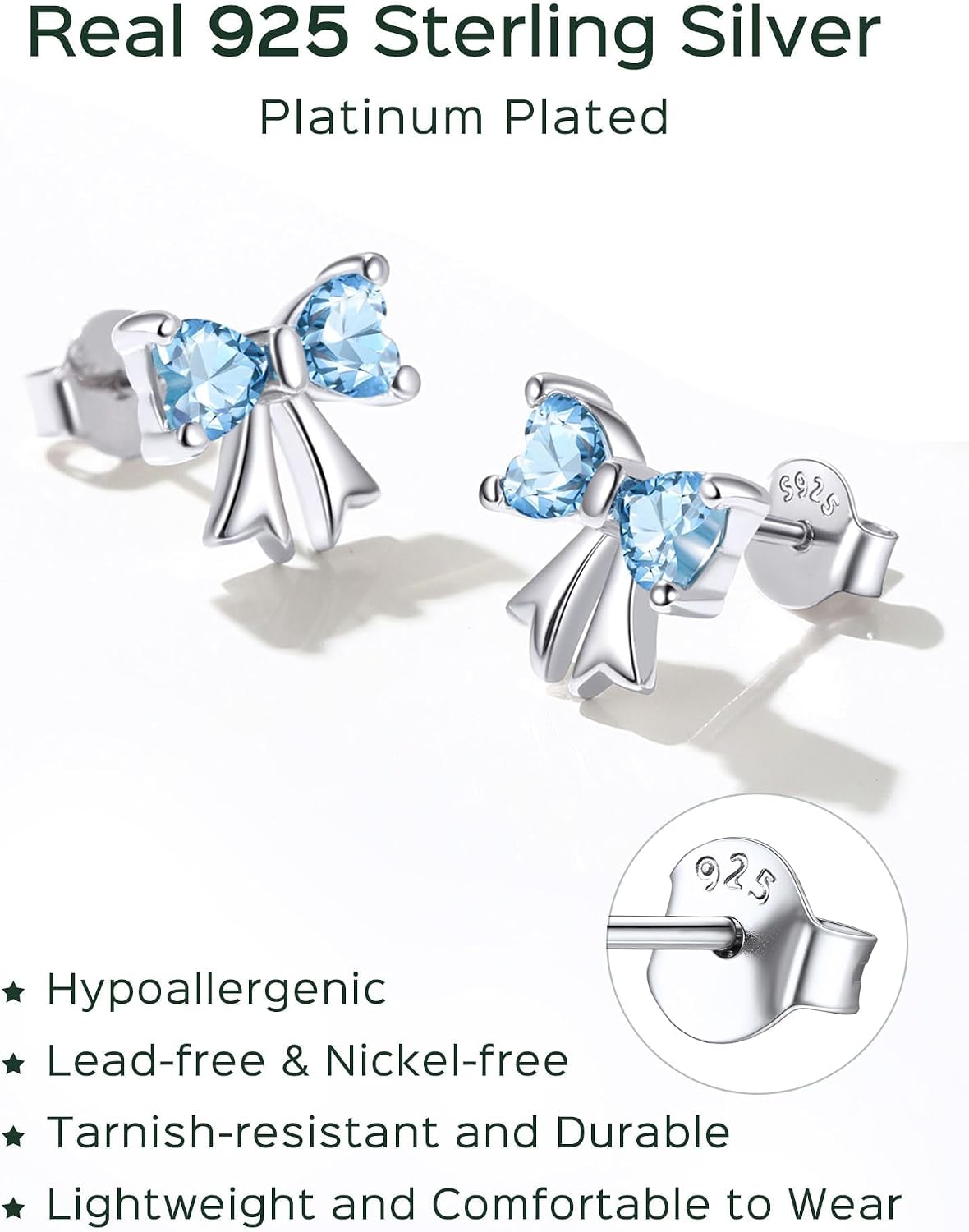 ChicSilver 925 Sterling Silver Bow/Butterfly Earrings for Women Hypoallergenic Birthstone Earrings Dainty Bow/Butterfly Jewelry Gift for Women