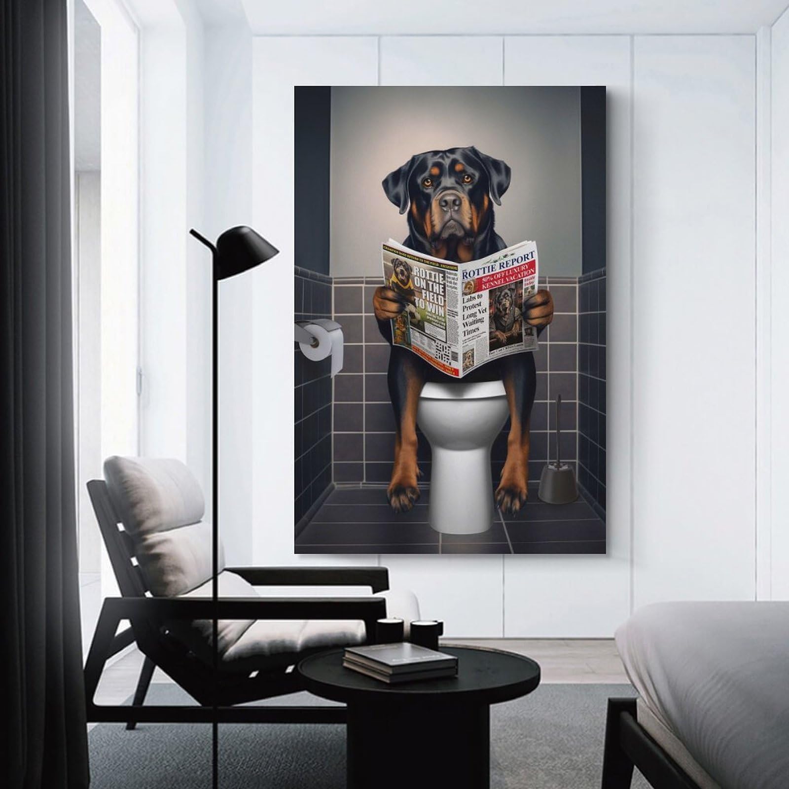 Junmoney Wall Picture Print Rottweiler on The Toilet, 24x36inch(60x90cm), for Hallway, Bedroom Or Modern Interiors, Thoughtful Wall Decor for Art Lovers