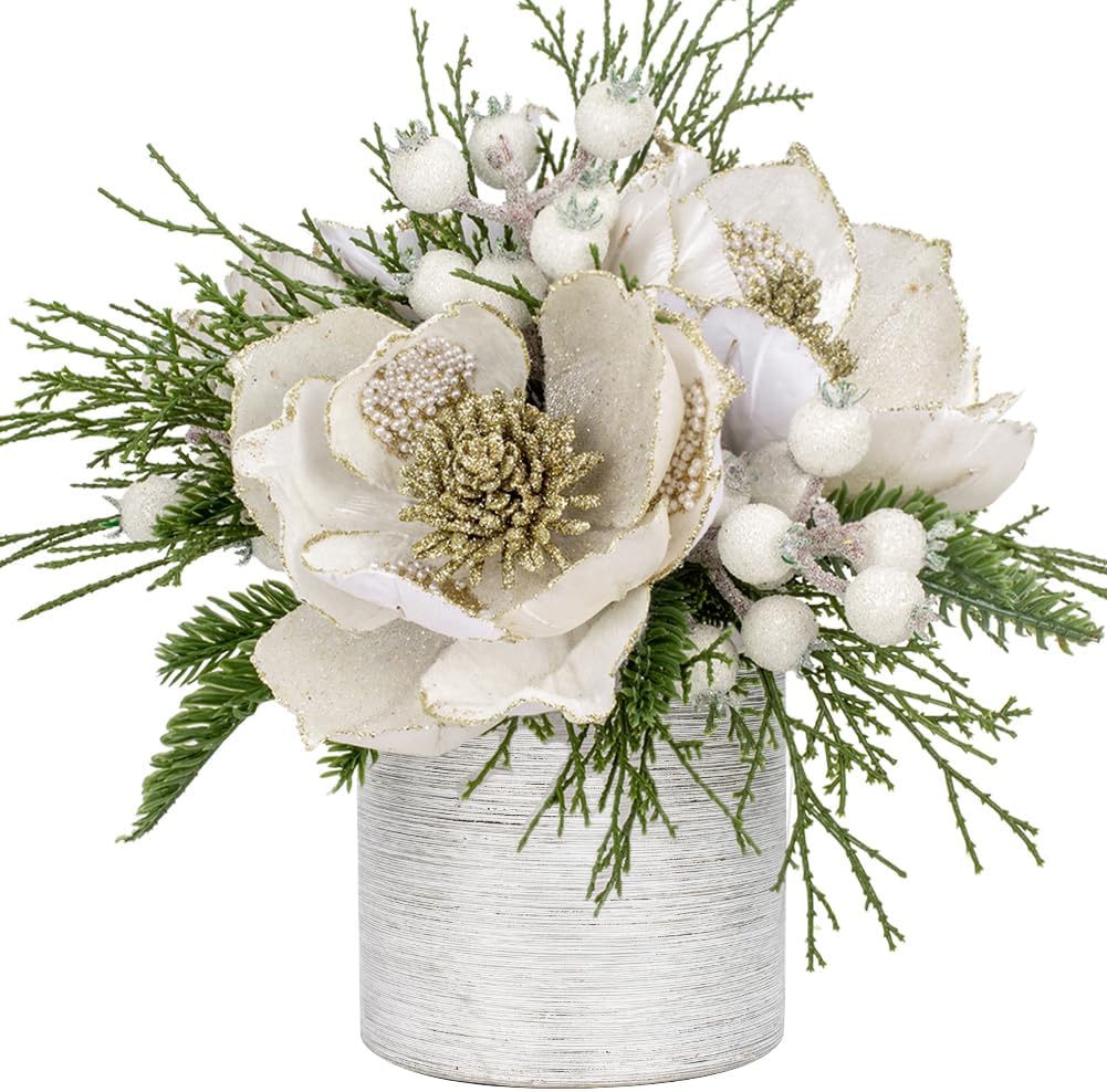 DILATATA 12 inch White Christmas Table Centerpiece with 5" Glitter Magnolia Flower and White Berries Fir Greenery Artificial Floral Centerpiece