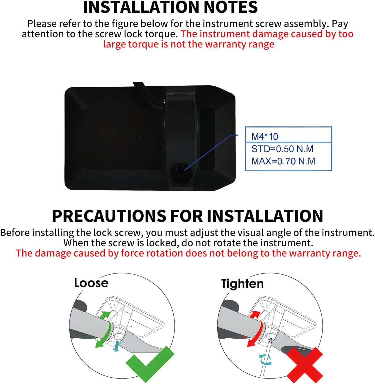 Installation notes for BAFANG display, showing screw torque and visual angle adjustment