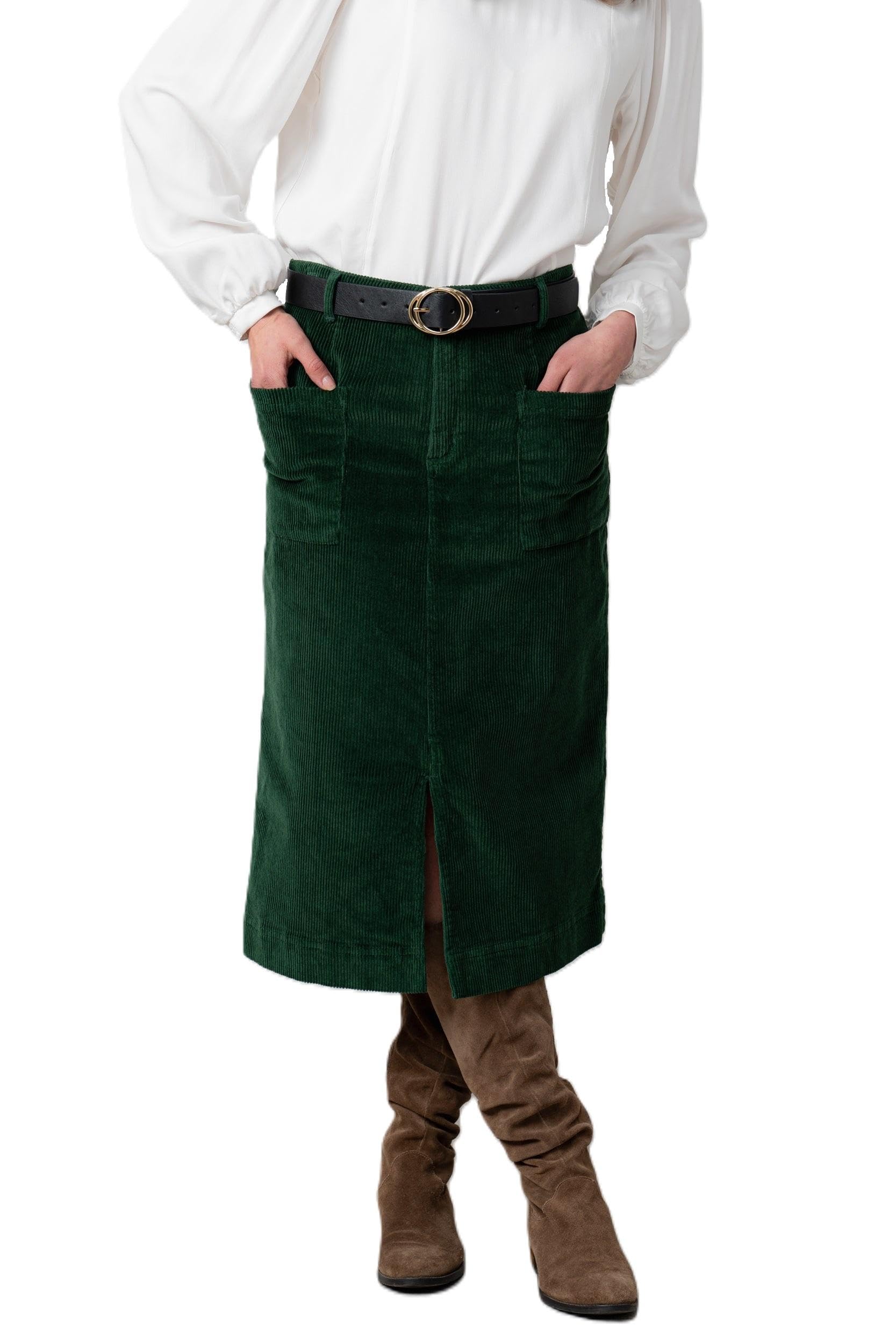 Lily & Me Pine Green Penrose Stretch Jumbo Cord Midi Skirt - Size 08