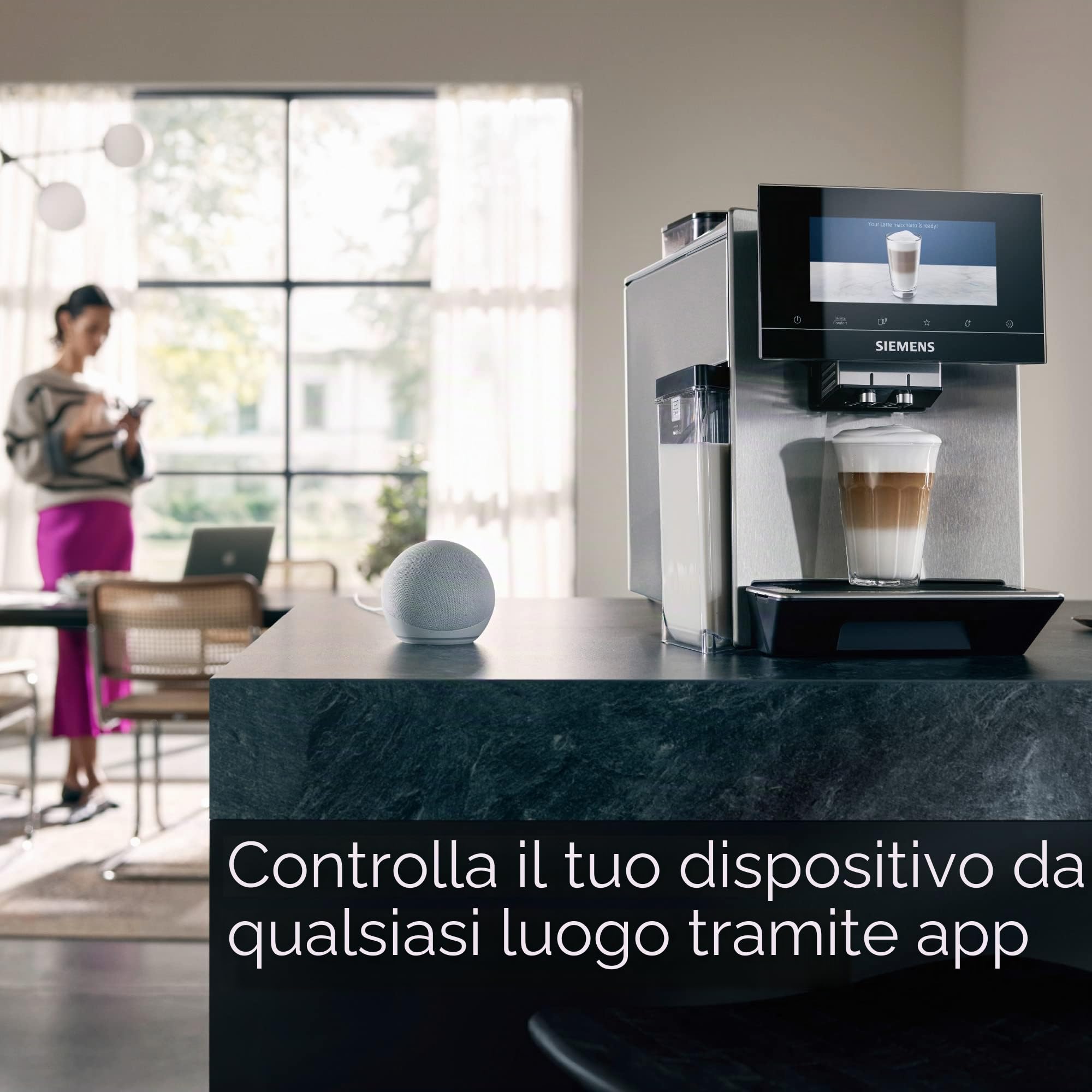Siemens Macchina da caffè EQ900 TQ907D03, controllo app, display full touch, modalità barista, riduzione del rumore, fino a 10 profili, pulizia automatica del vapore, 2 contenitori per fagioli, 1500
